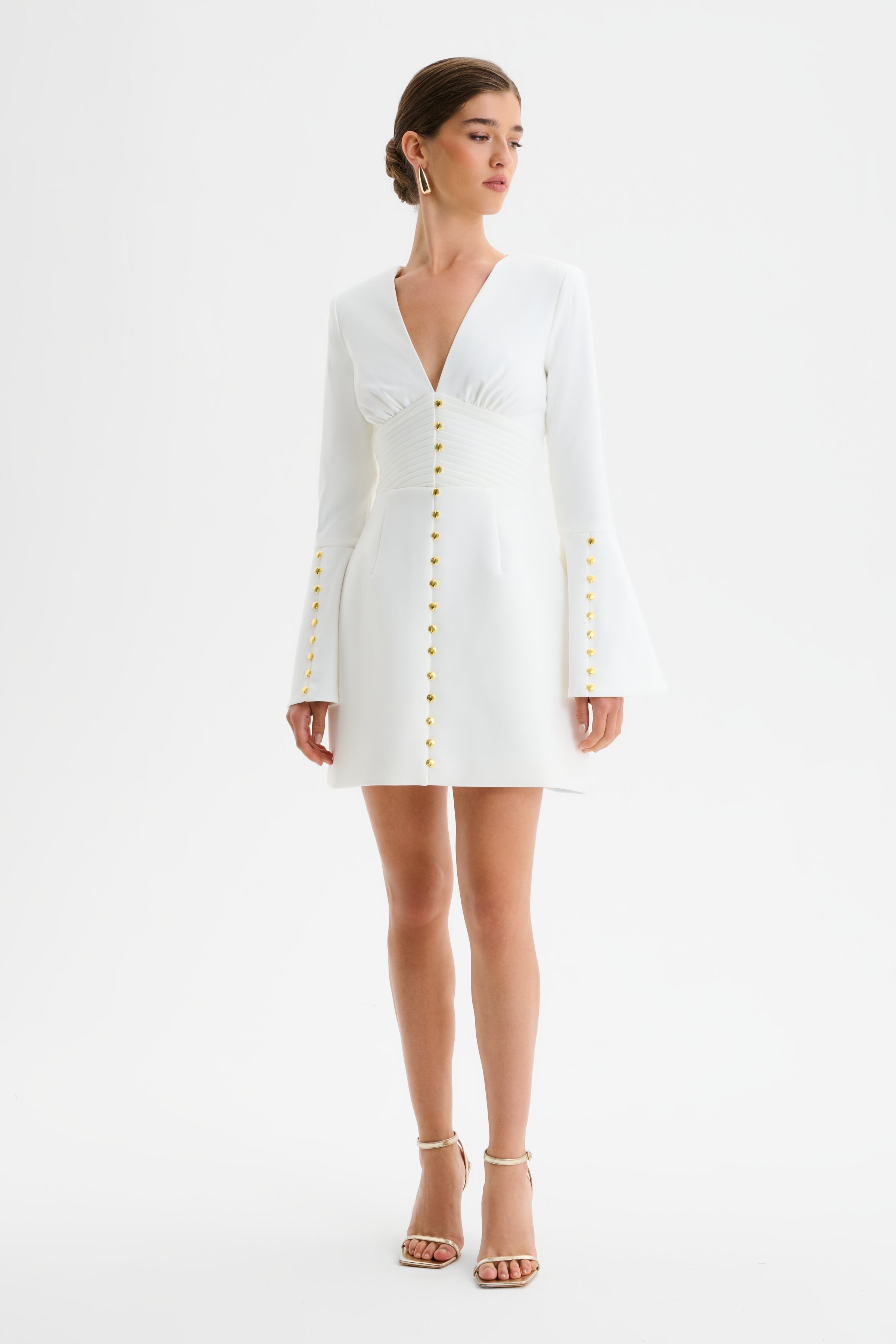 LARA Fluted Sleeve Micro Shell Button Mini Dress in White