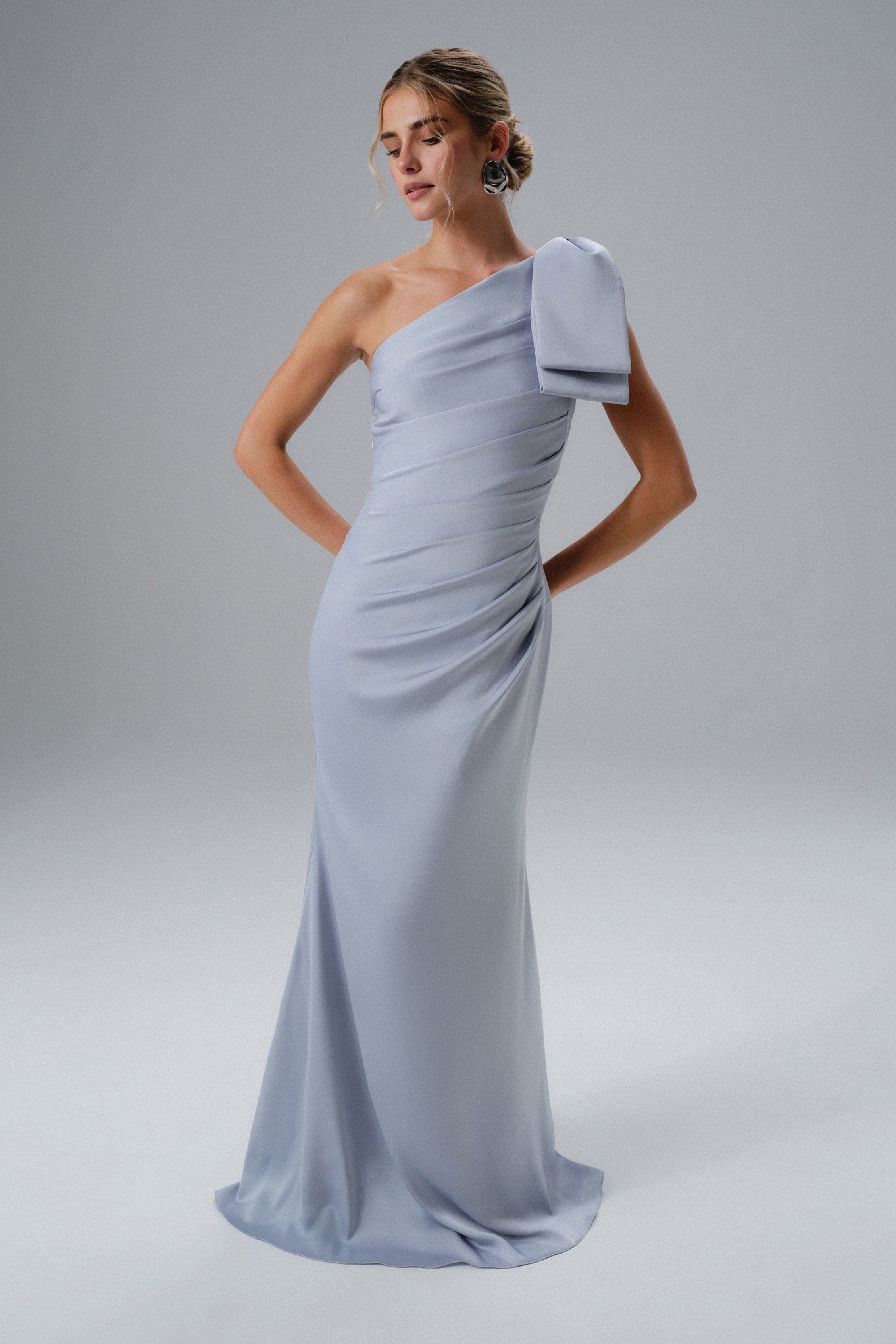 EMELIA One Shoulder Bow Pleated Maxi Dress in Dusty Blue