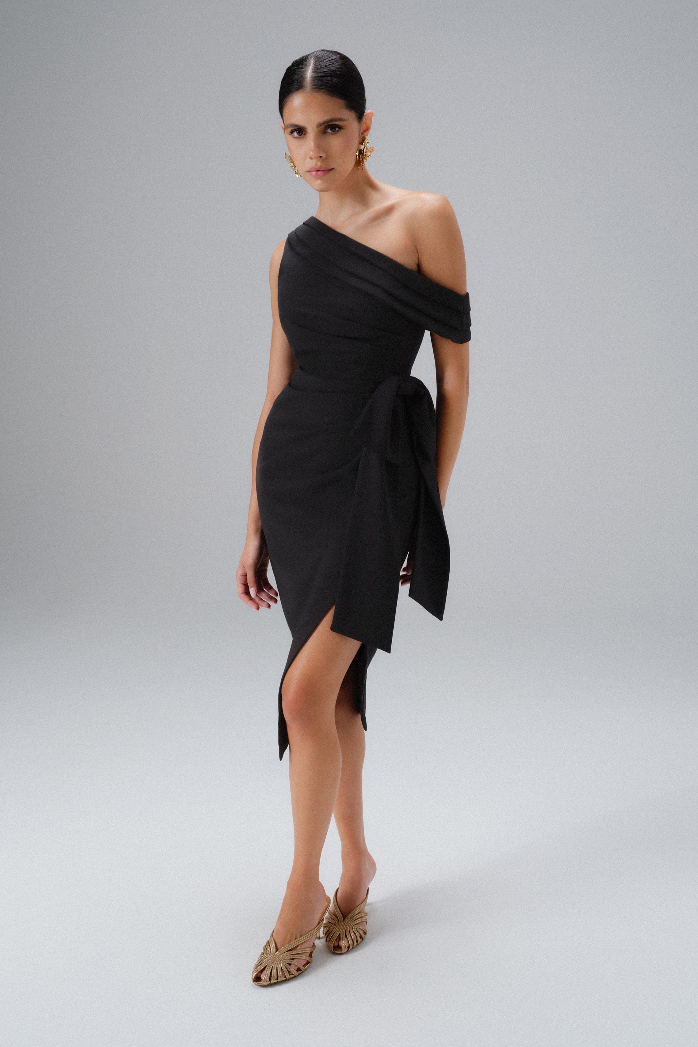HONEY One Shoulder Pleated Bow Midi Dress in Black