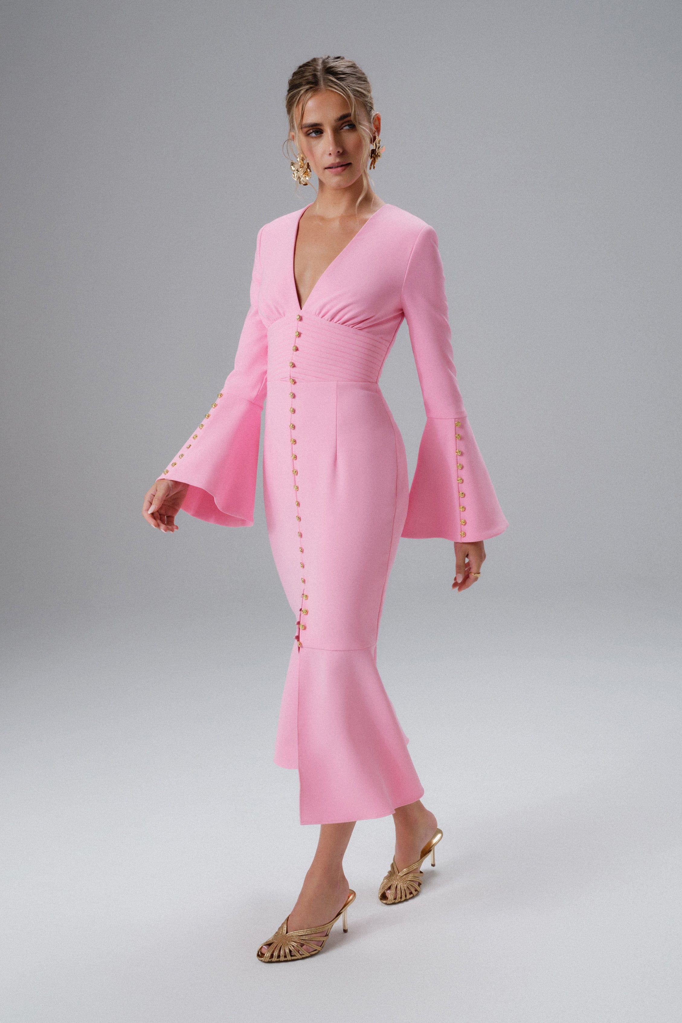SALMA Fluted Sleeve Micro Rose Button Midi Dress in Pink
