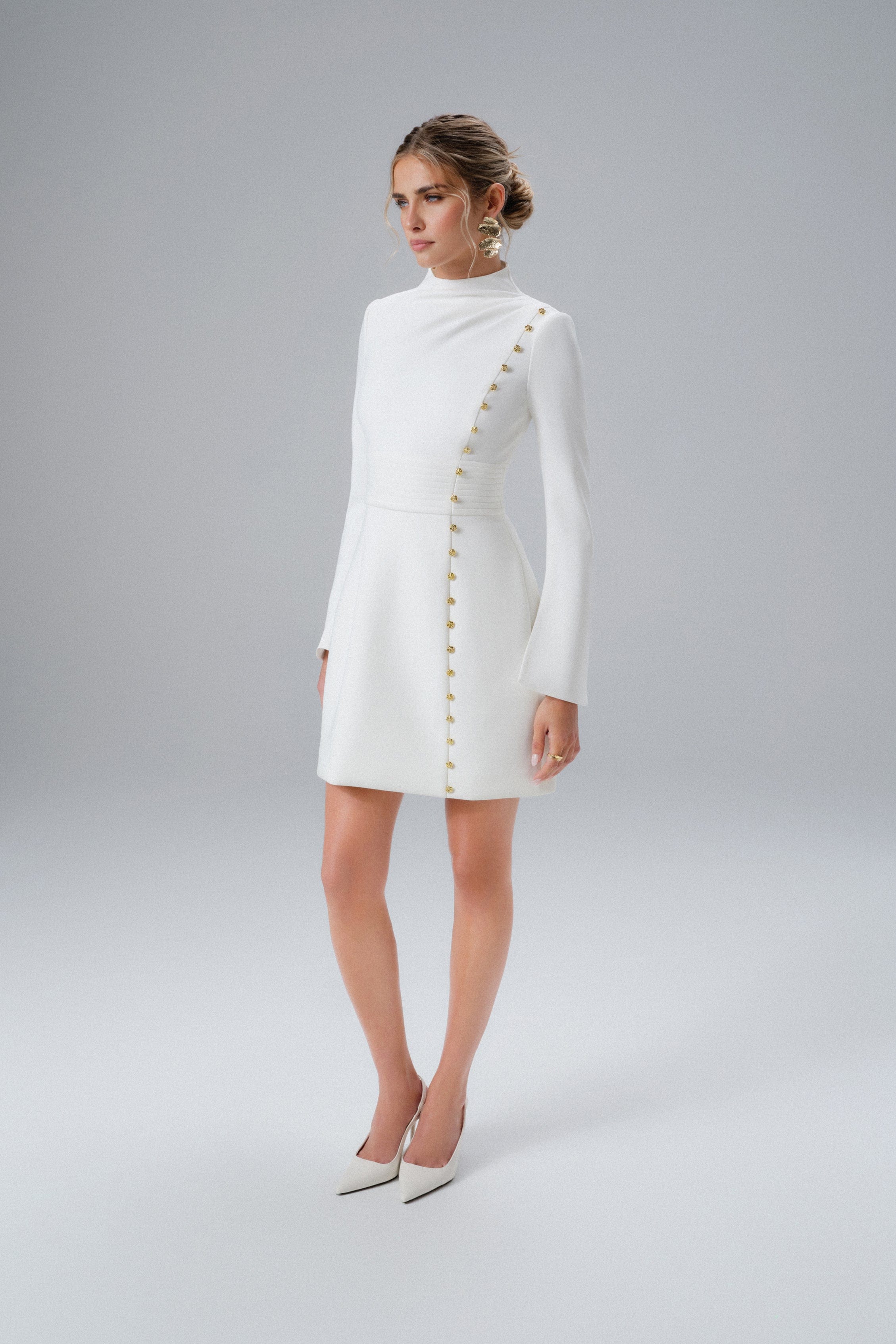 GEMMA High Neck Rose Button Long Sleeve Mini Dress in White
