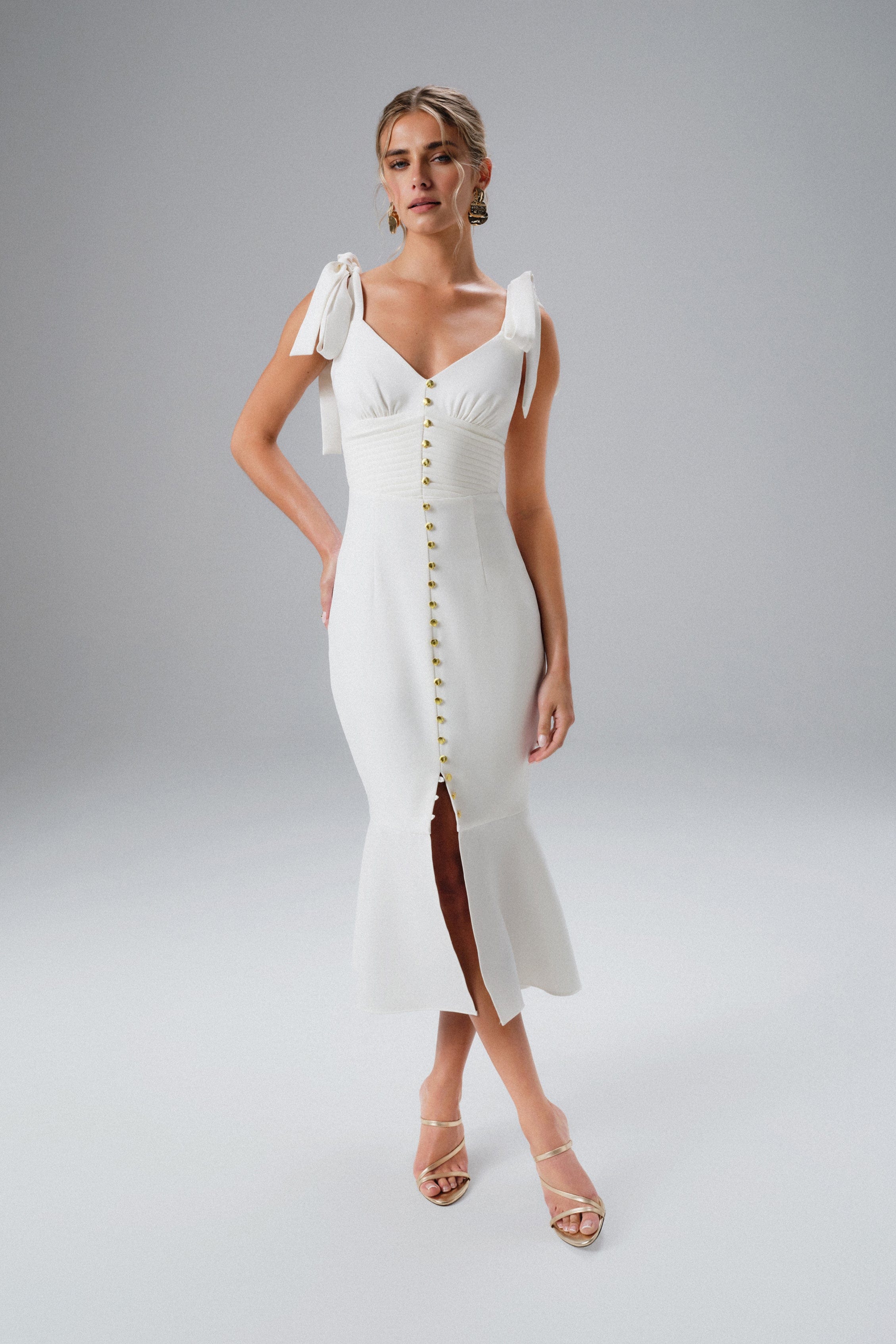 KAMILA Tie Strap Micro Shell Button Midi Dress in White