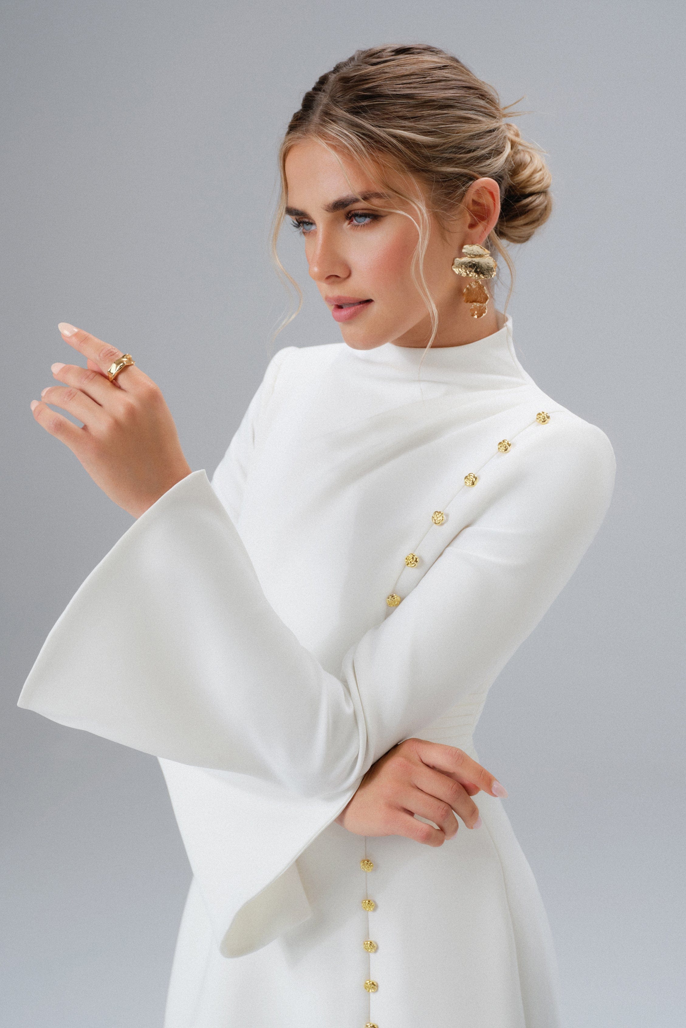 GEMMA High Neck Rose Button Long Sleeve Mini Dress in White
