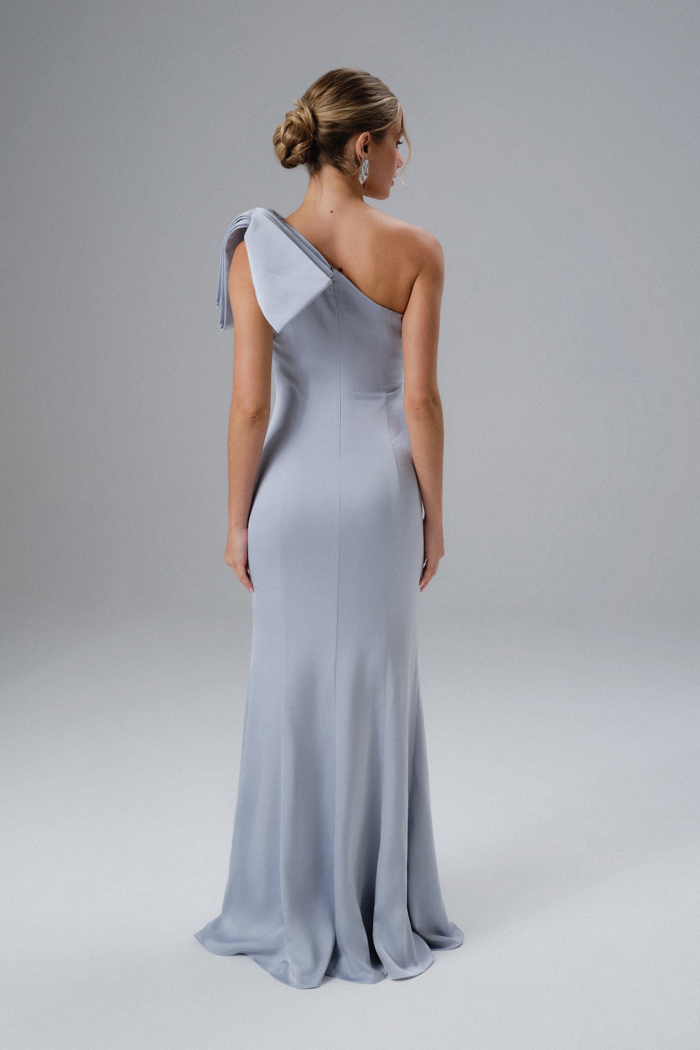 EMELIA One Shoulder Bow Pleated Maxi Dress in Dusty Blue