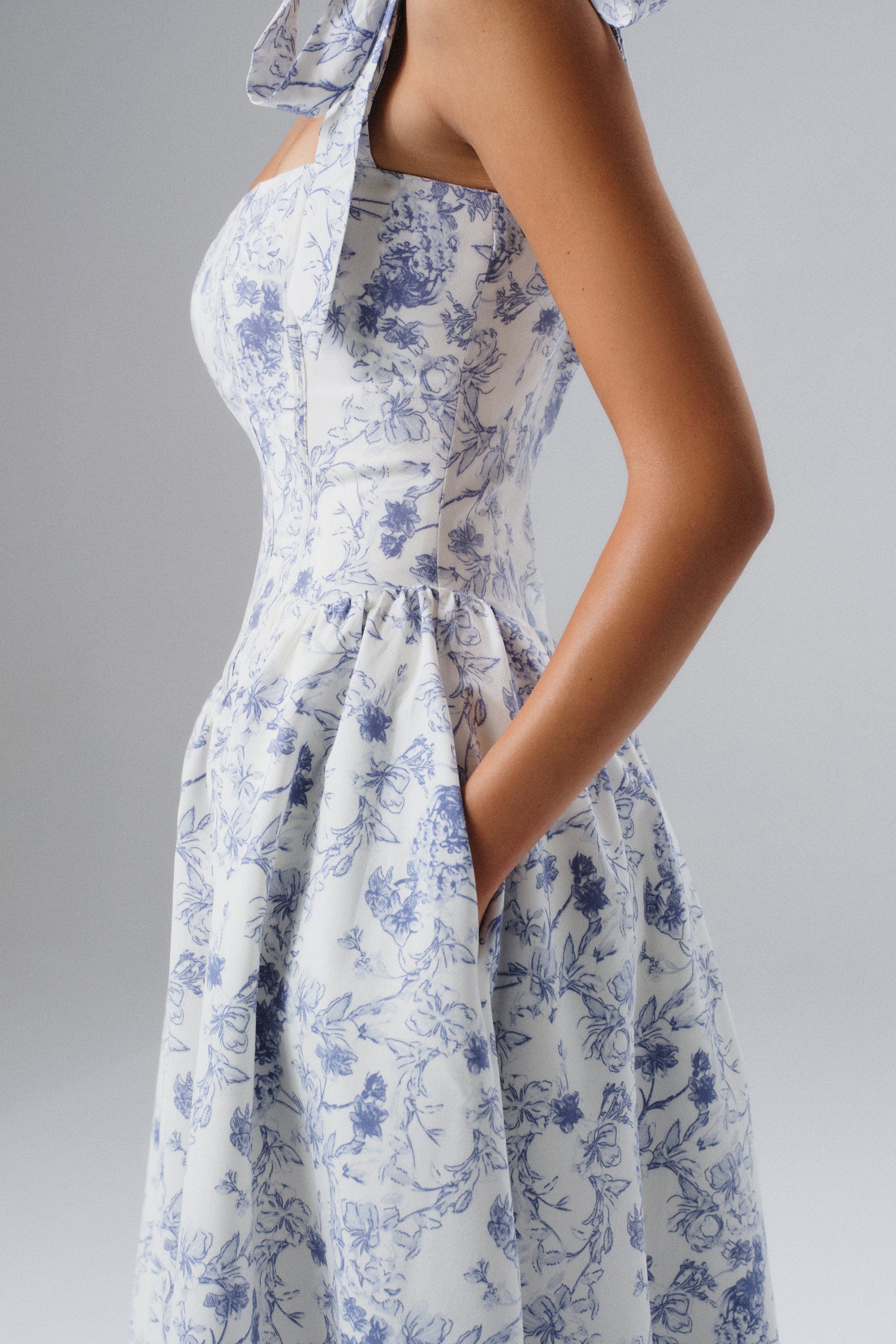 BLOSSOM Tie Shoulder Corset Midi Sundress In Blue Porcelain