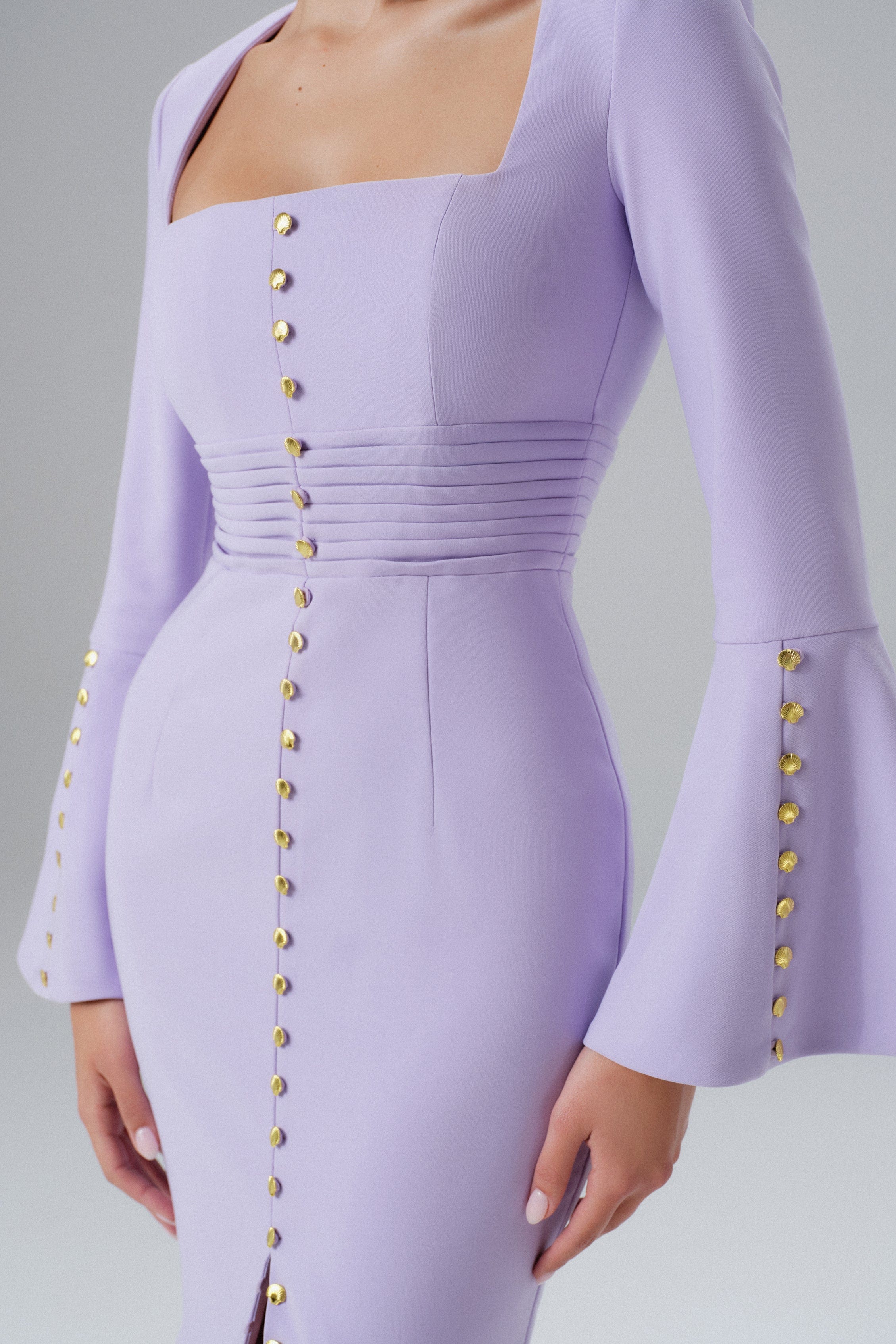 SERENA Fluted Sleeve Micro Shell Button Midi Dress in Purple