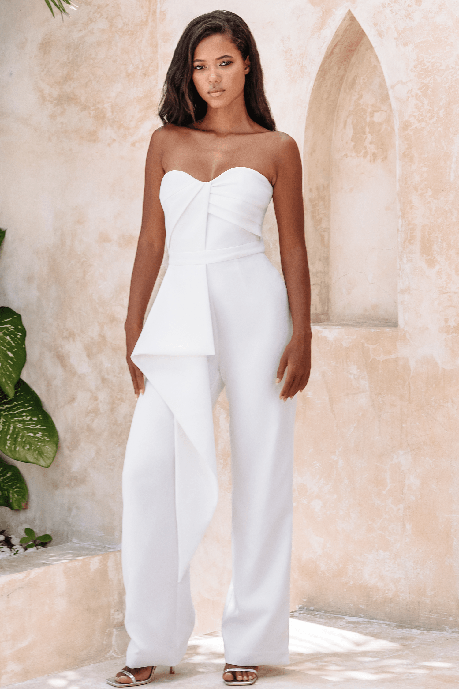 MALIA Bandeau Draped Panel Straight Leg Jumpsuit In White
