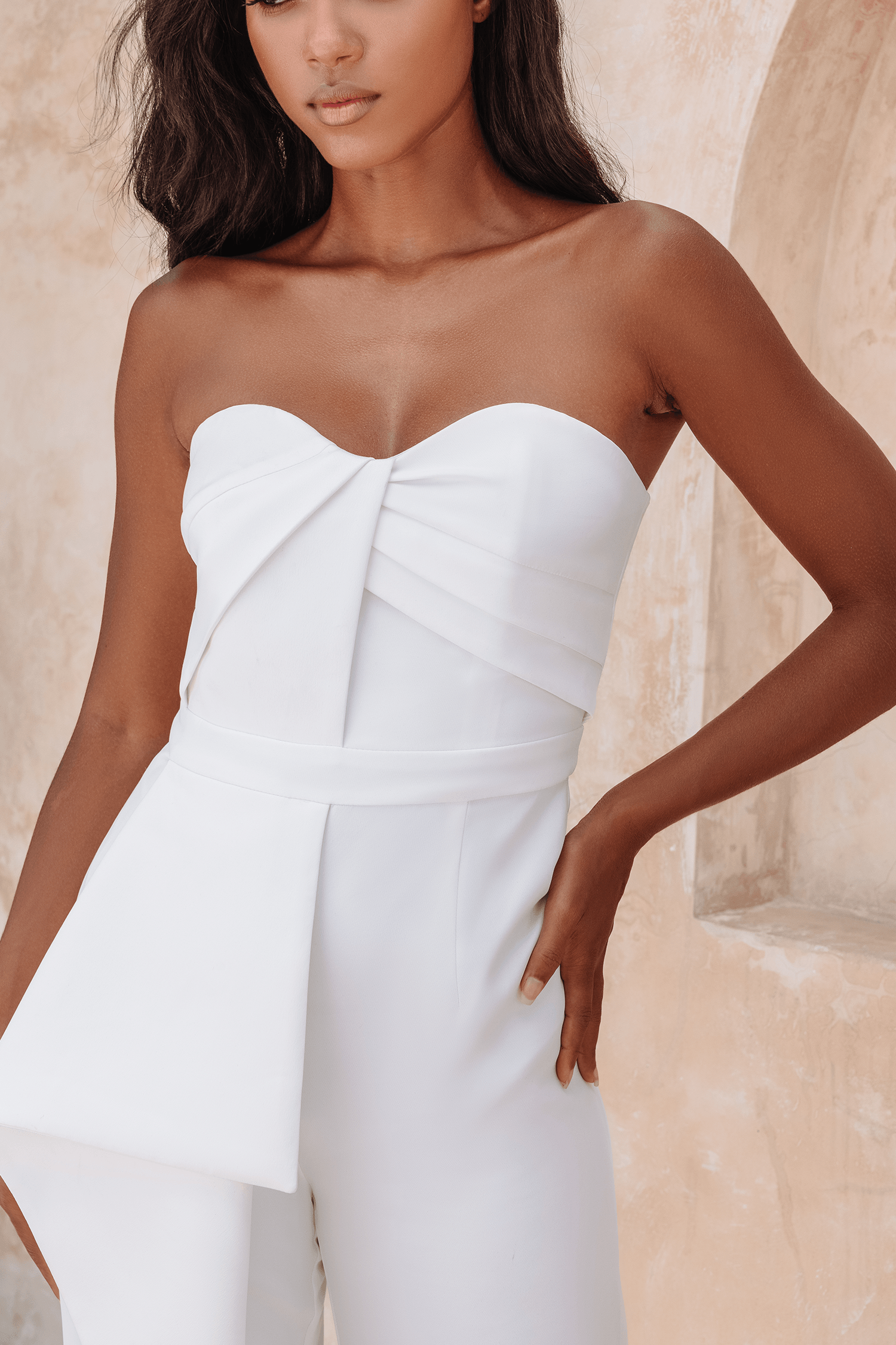 MALIA Bandeau Draped Panel Straight Leg Jumpsuit In White