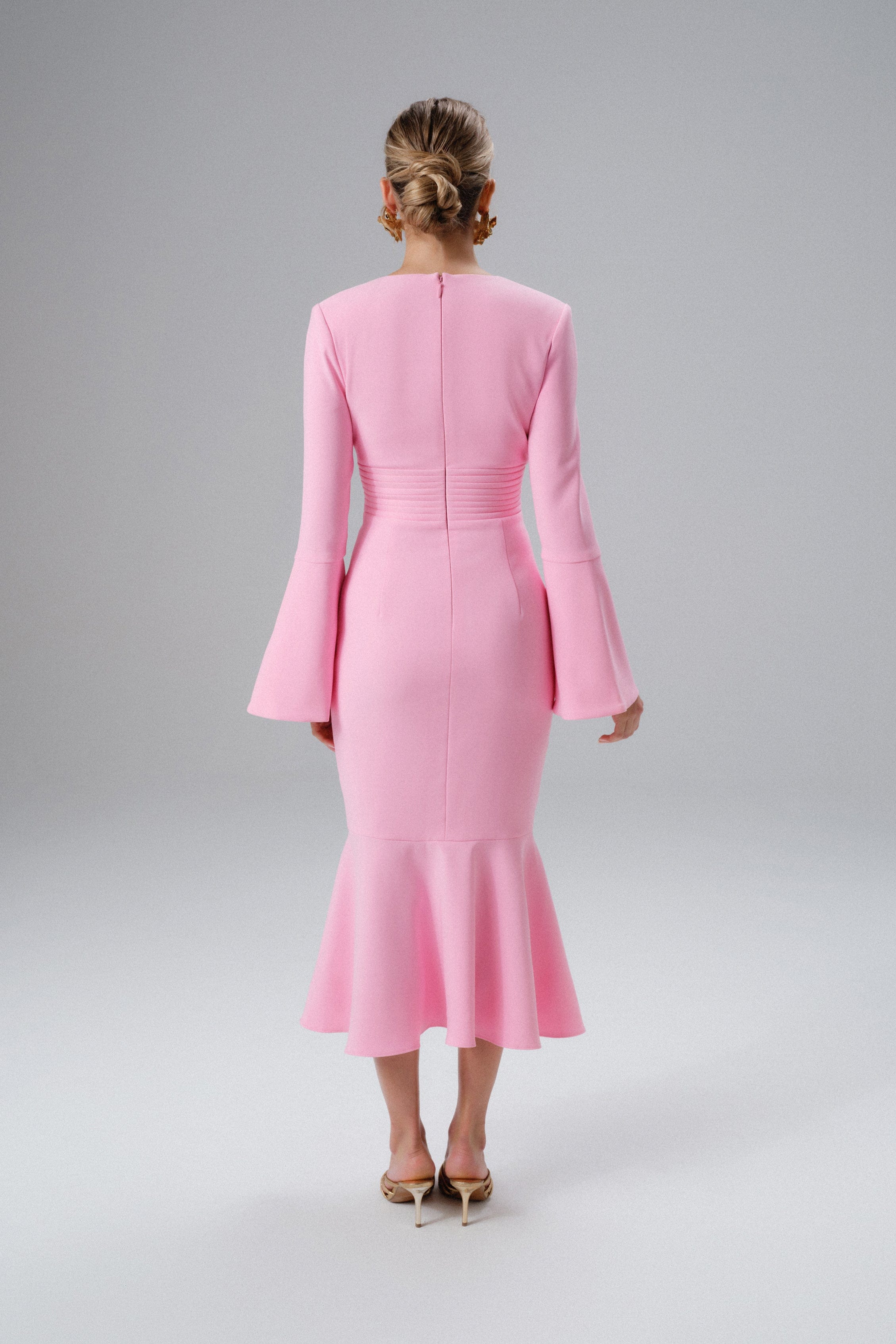 SALMA Fluted Sleeve Micro Rose Button Midi Dress in Pink