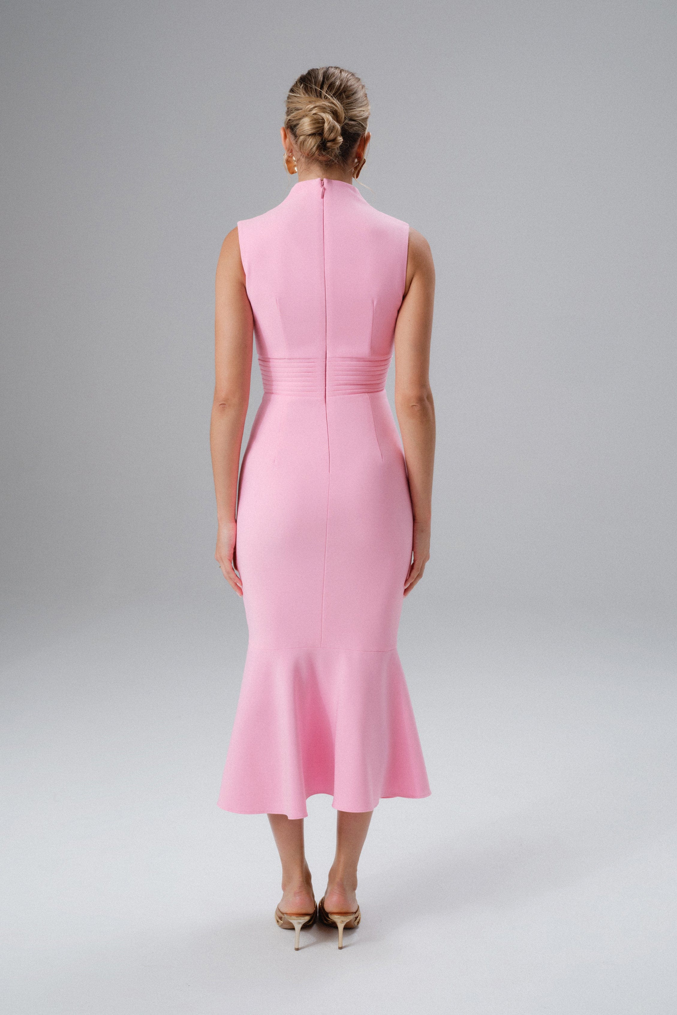 SAFFRON High Neck Micro Shell Button Midi Dress in Pink