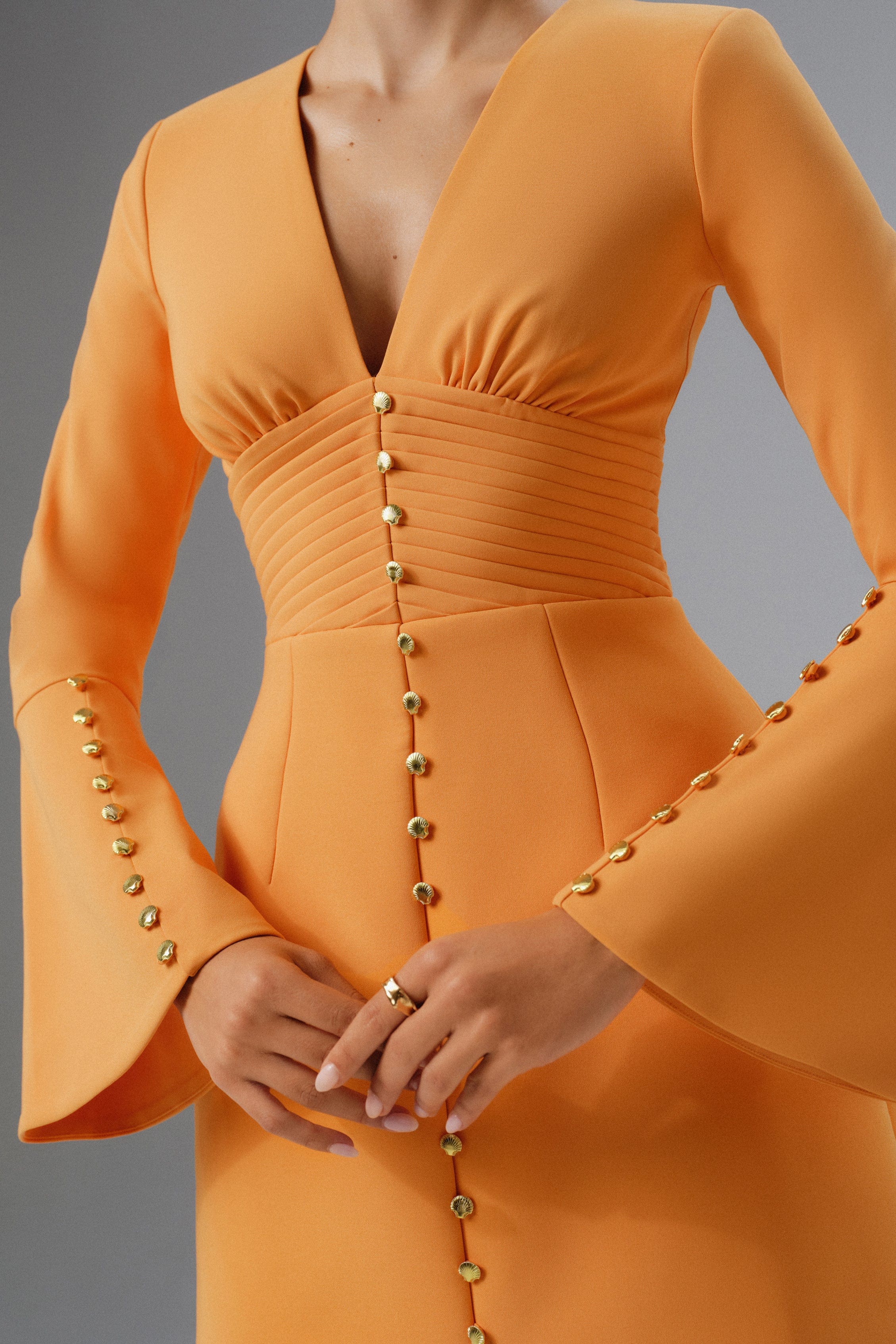 LARA Fluted Sleeve Micro Button Mini Dress in Orange