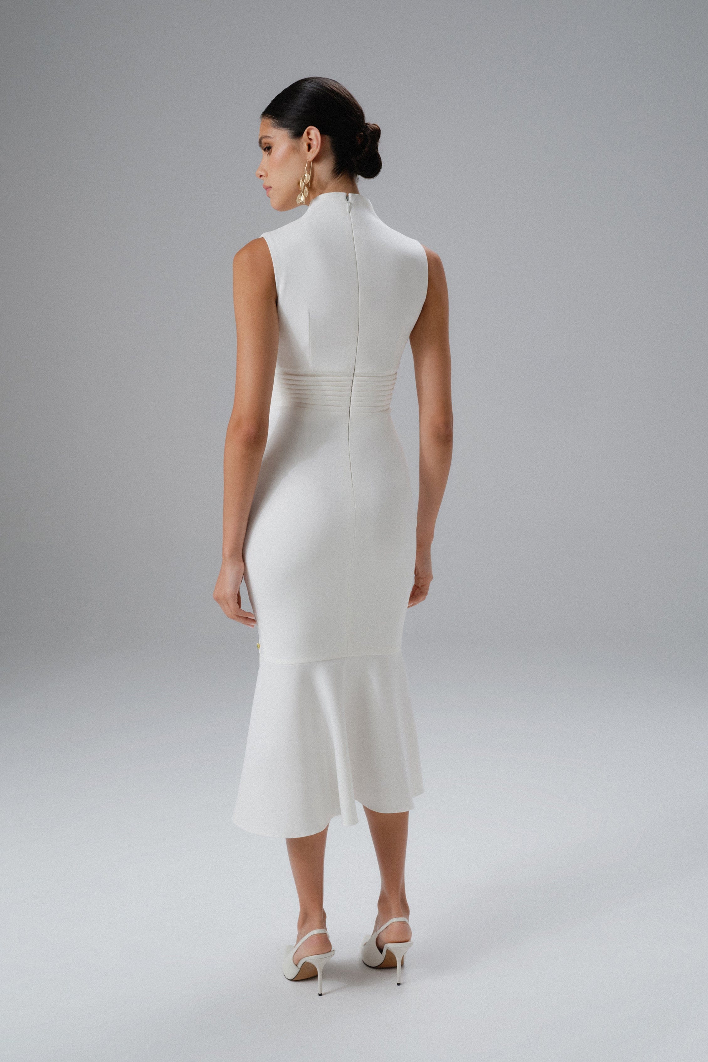 SAFFRON High Neck Micro Shell Button Midi Dress in White