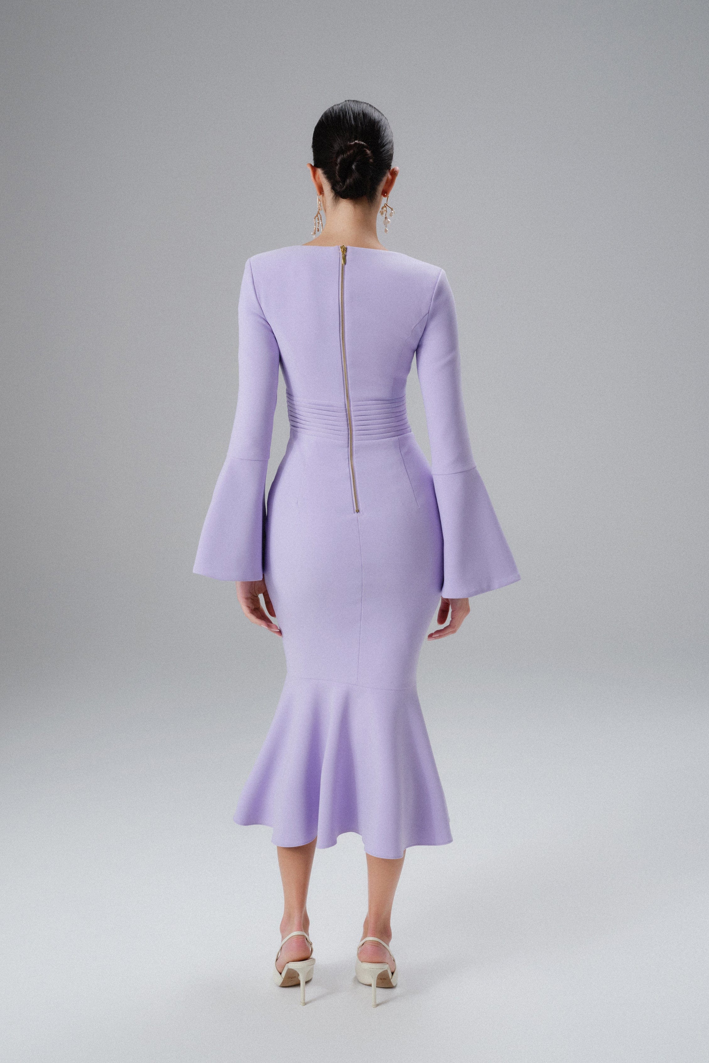 SERENA Fluted Sleeve Micro Shell Button Midi Dress in Purple
