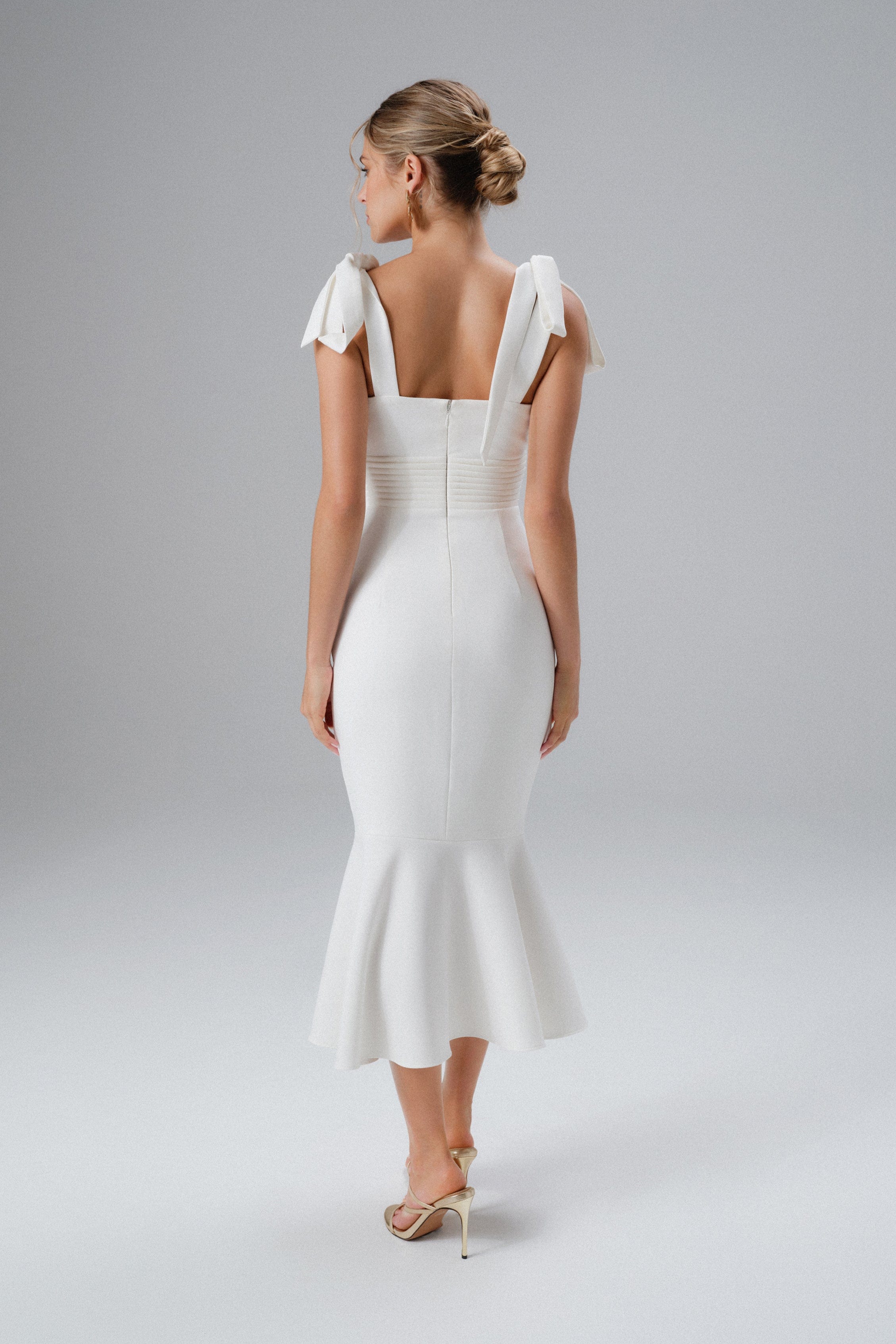 KAMILA Tie Strap Micro Shell Button Midi Dress in White