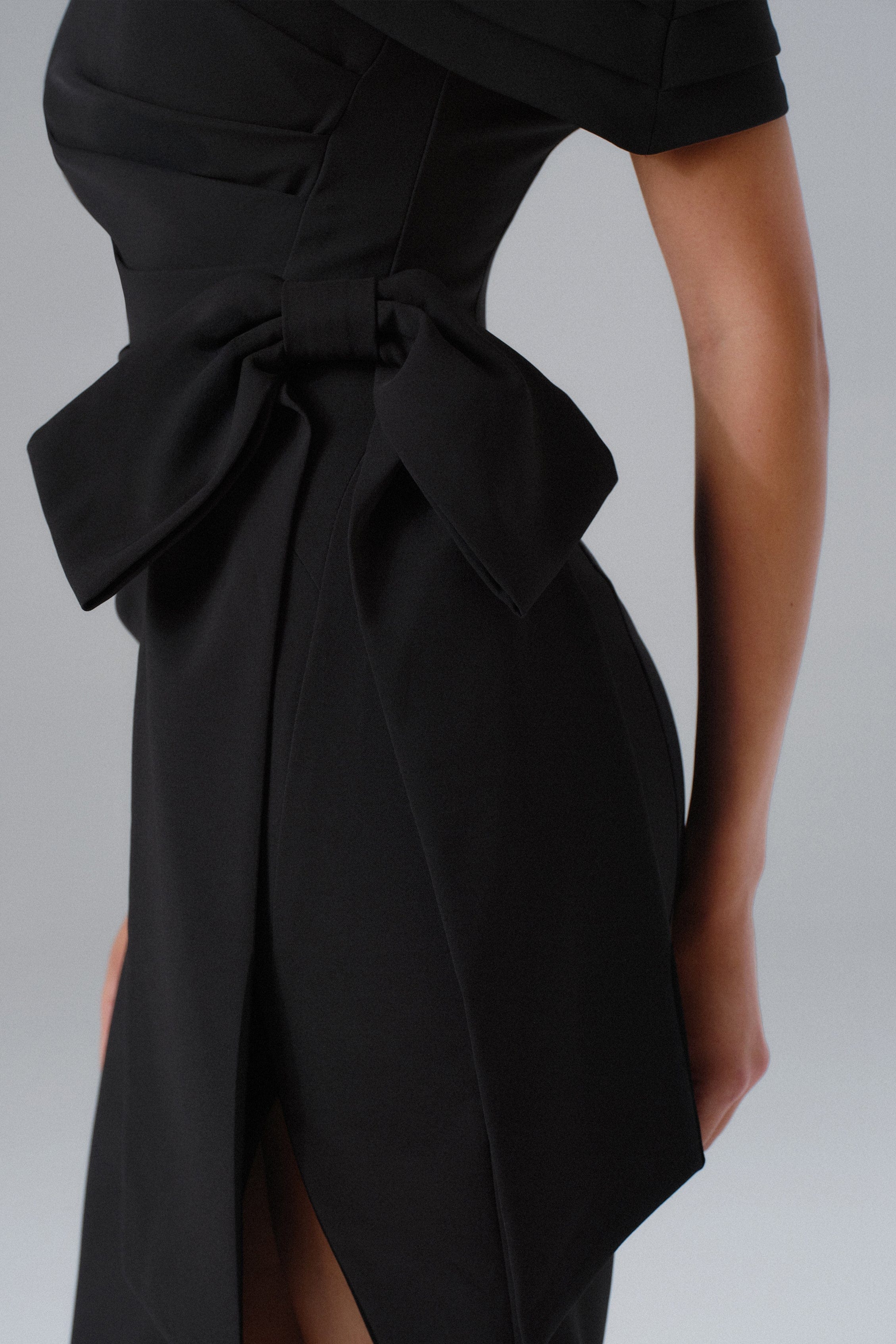 HONEY One Shoulder Pleated Bow Midi Dress in Black