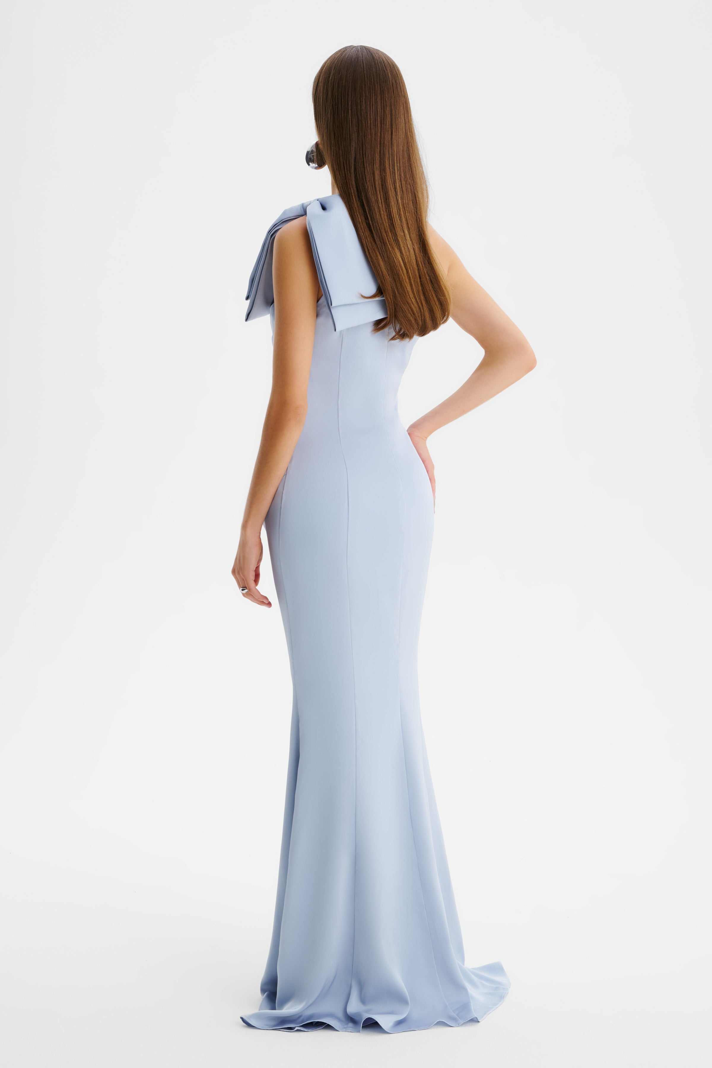 EMELIA One Shoulder Bow Pleated Maxi Dress in Dusty Blue