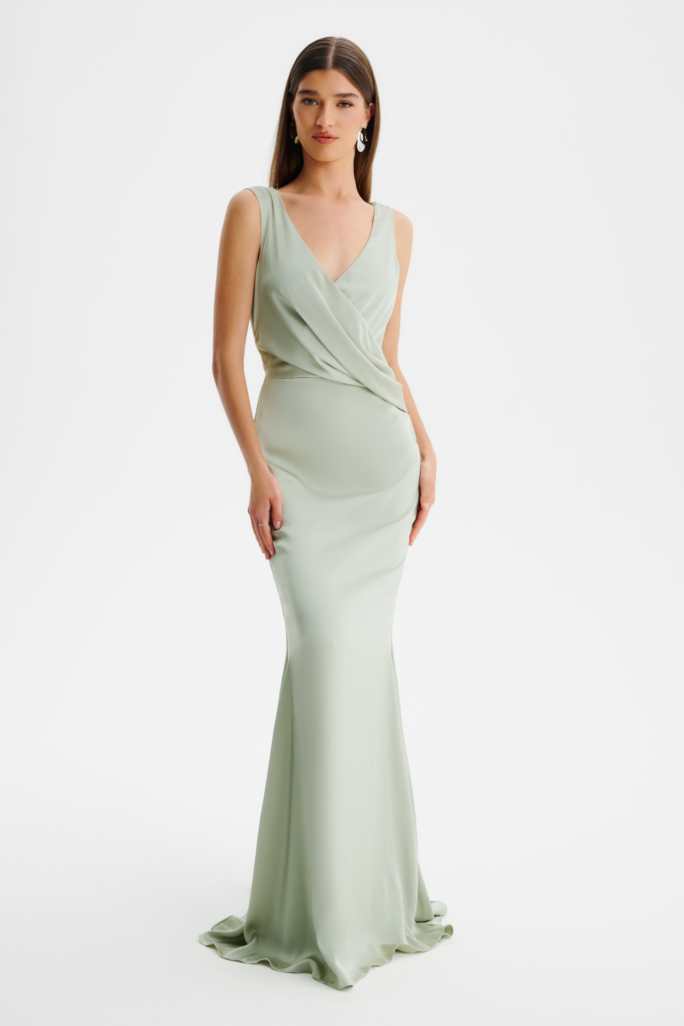 ELLE Draped Wrap Satin Maxi Dress in Sage Green