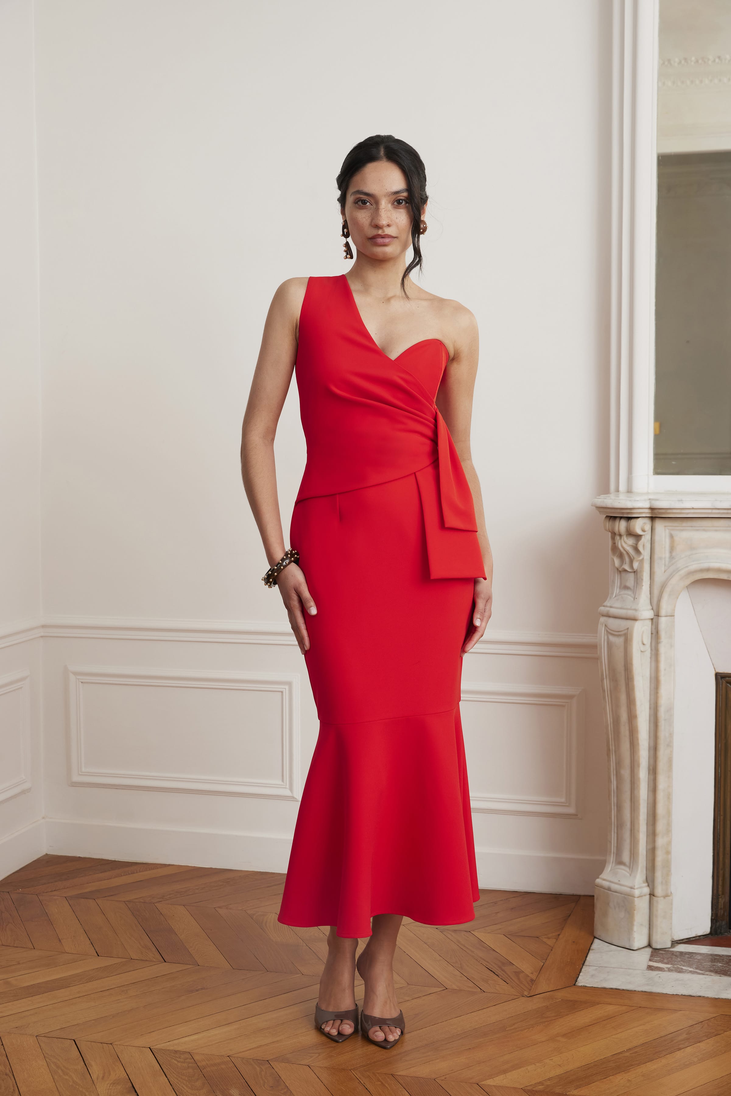 ADELAIDE One Shoulder Fluted Midi Hem Dress With Bow Detail In Red