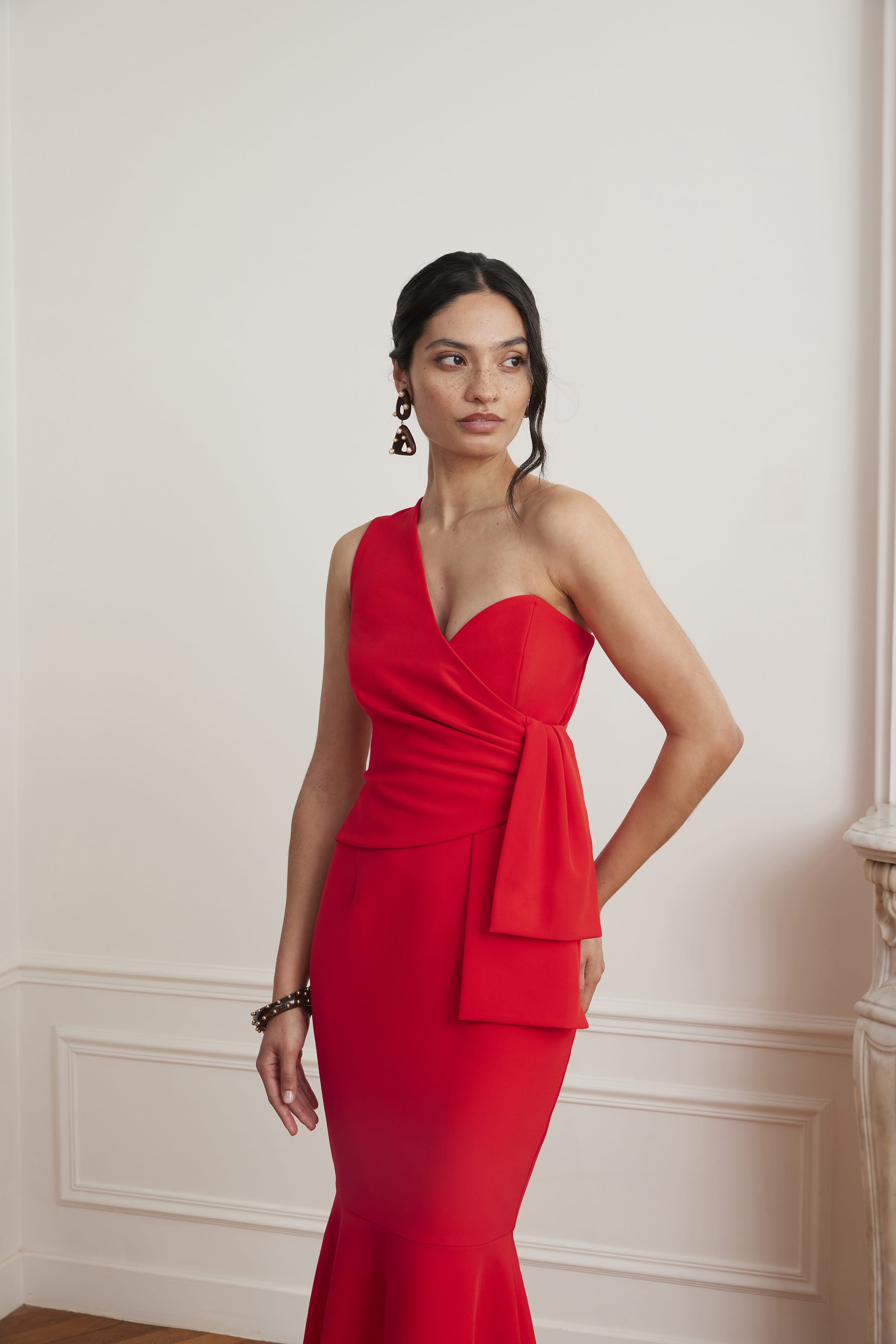 ADELAIDE One Shoulder Fluted Midi Hem Dress With Bow Detail In Red