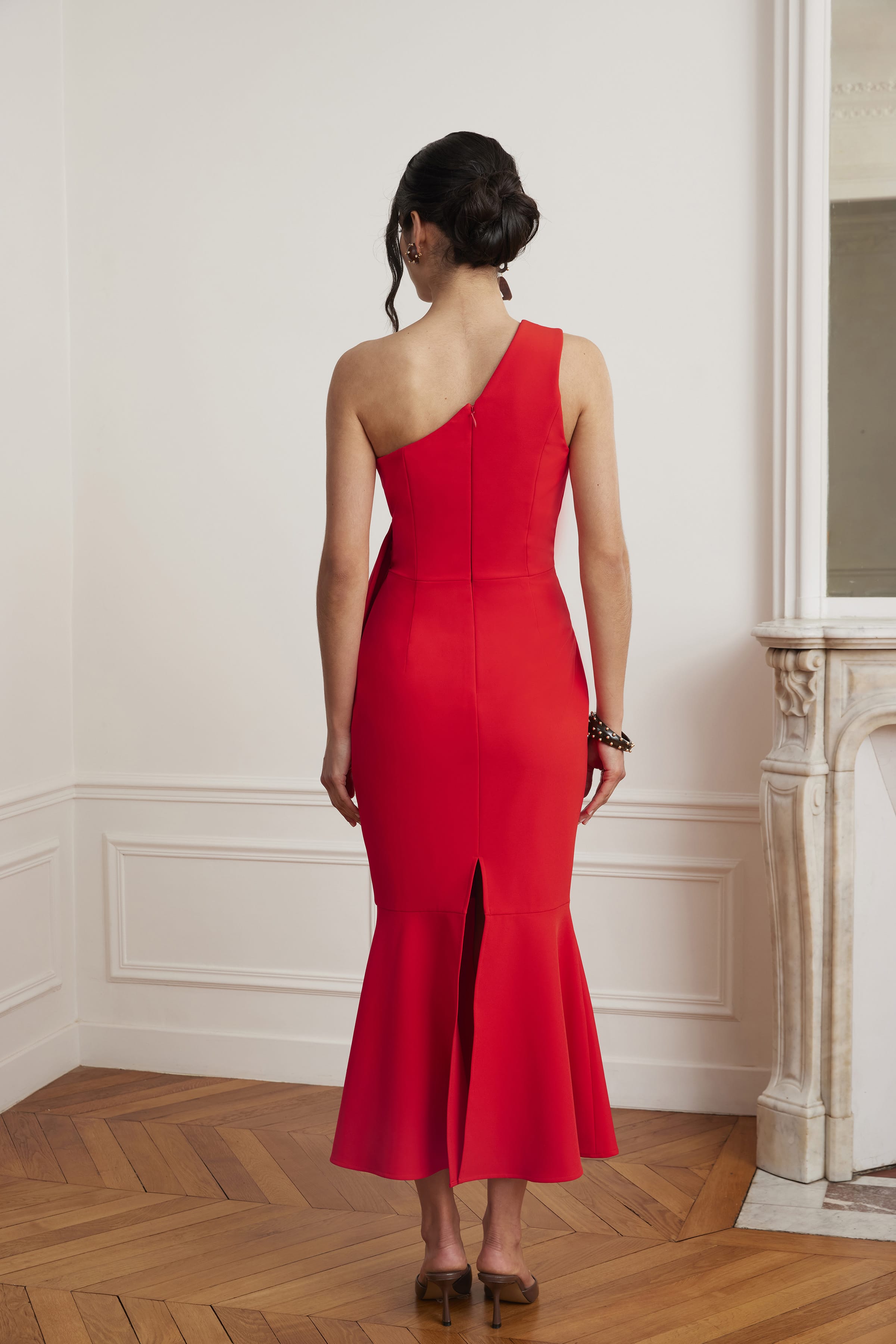 ADELAIDE One Shoulder Fluted Midi Hem Dress With Bow Detail In Red