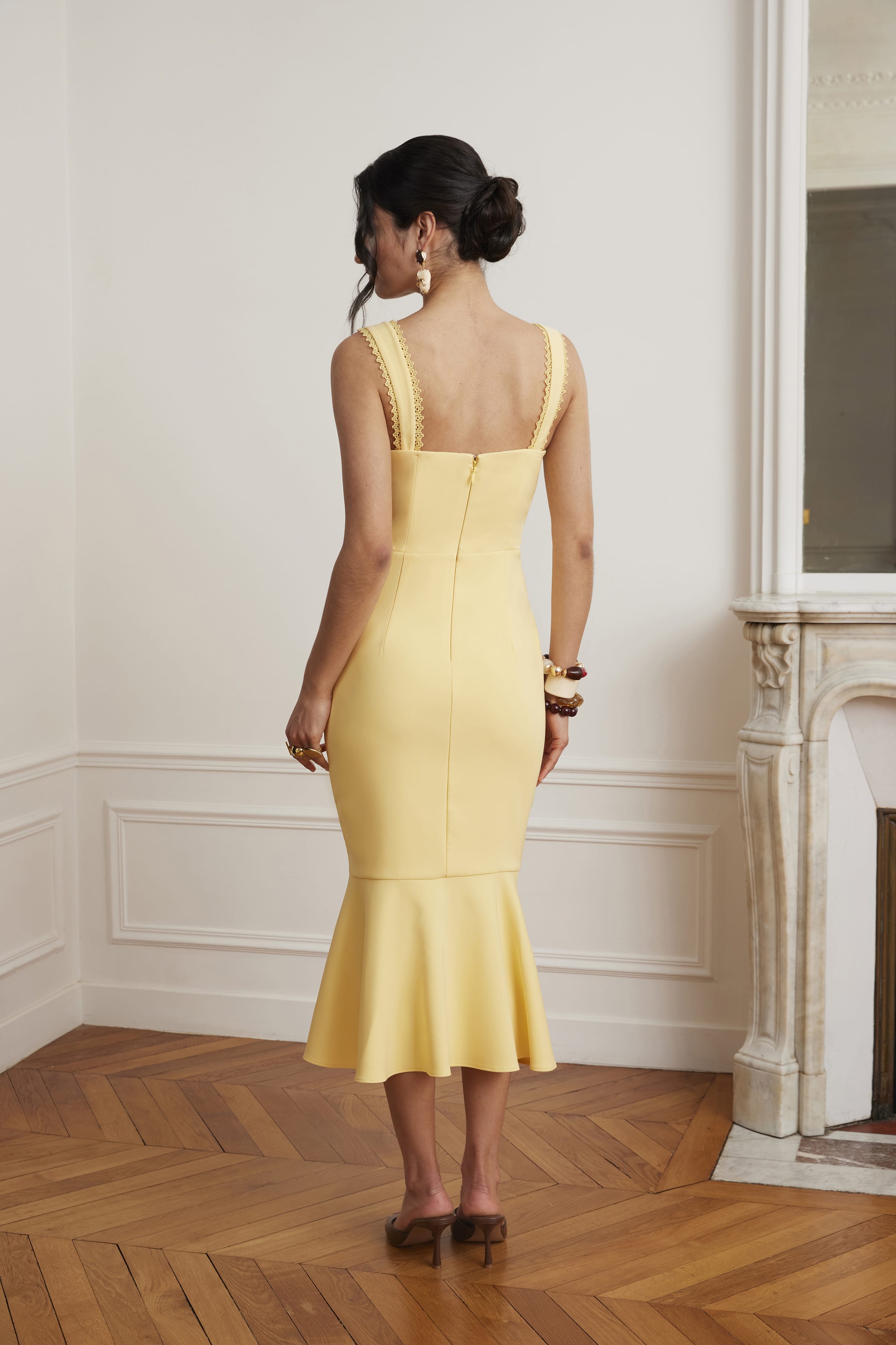 PEYTON Lace Trim Fishtail Midi Dress In Yellow
