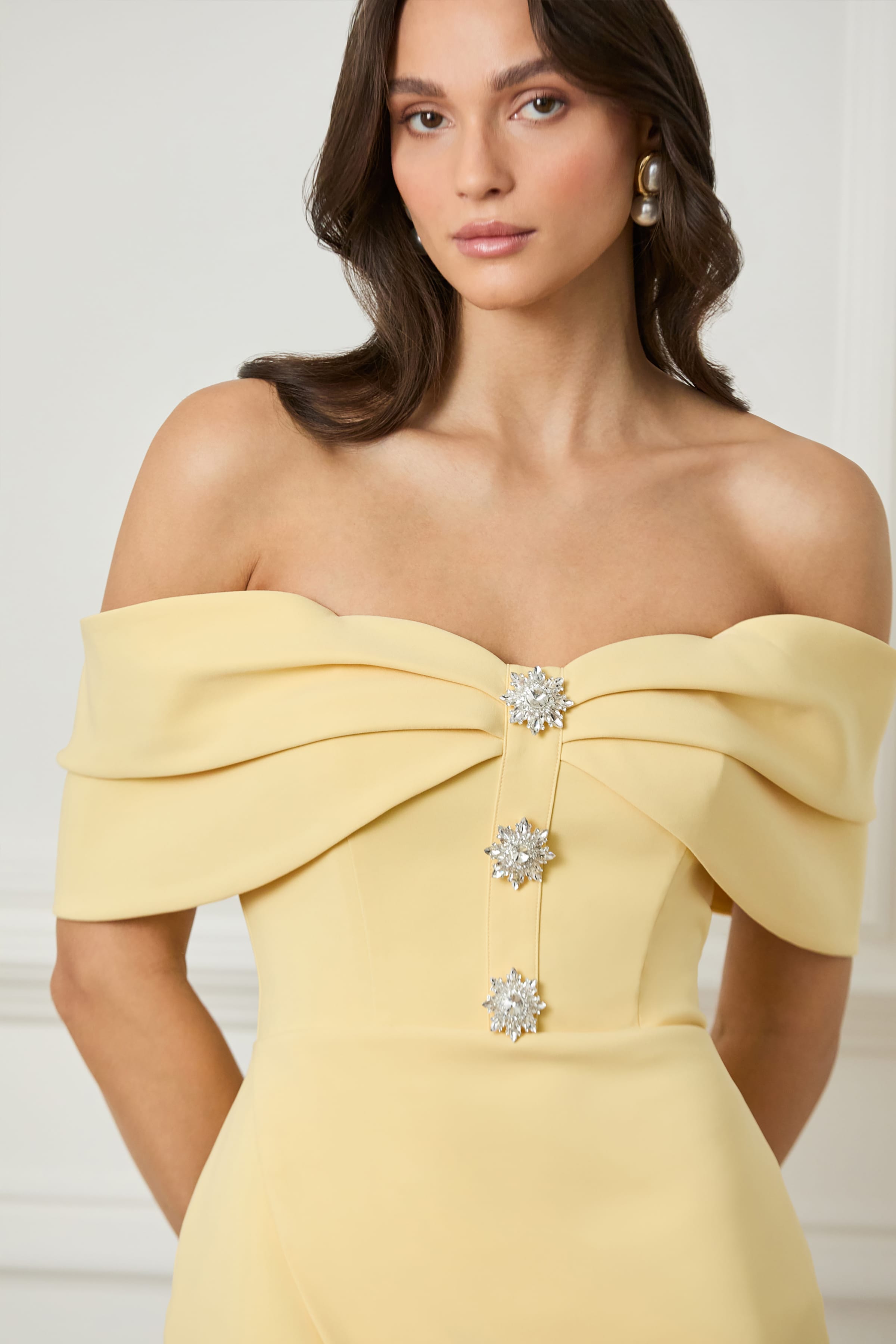 ELYSE Off Shoulder Embellished Wrap Dress in Yellow