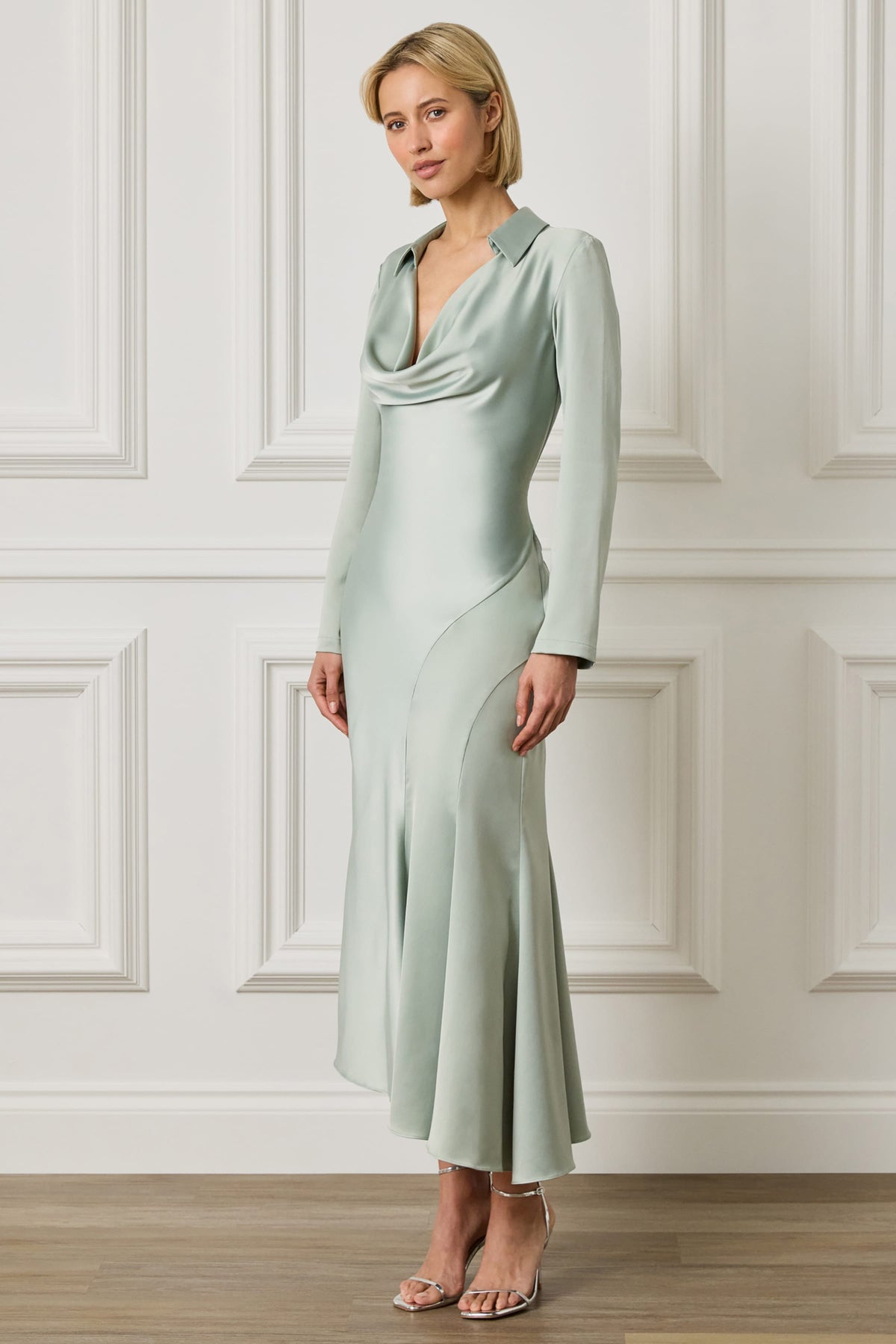 AURELIAH Satin Midi Dress in Sage