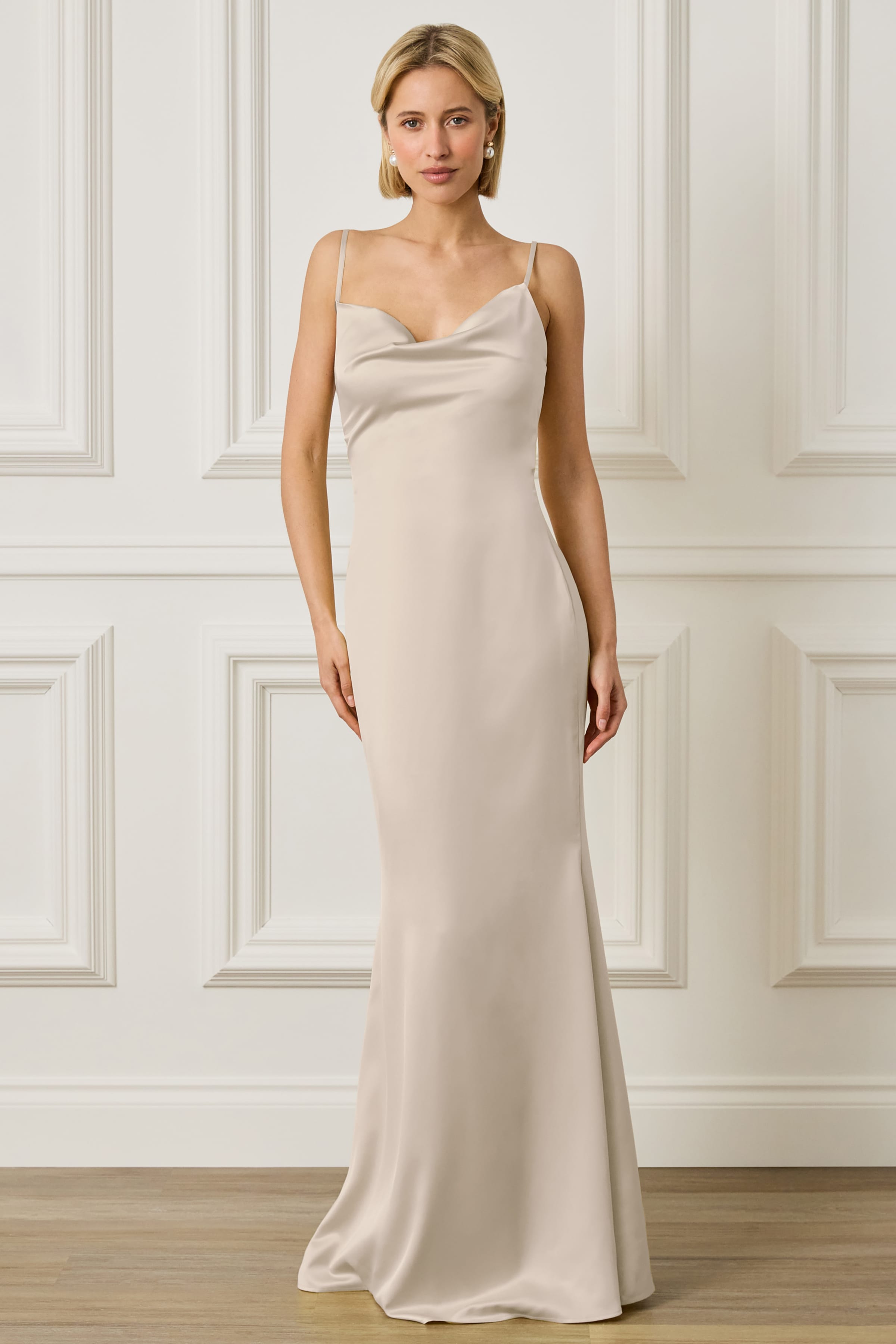 PENNY Satin Cowl Neck Scoop Back Maxi Dress in Champagne