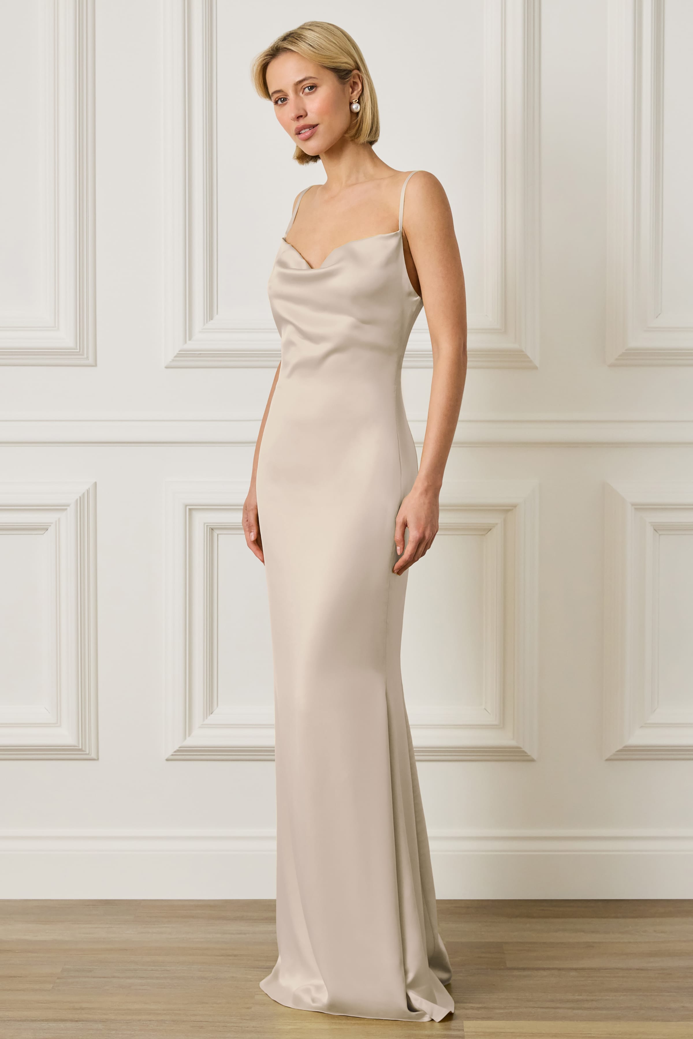 PENNY Satin Cowl Neck Scoop Back Maxi Dress in Champagne