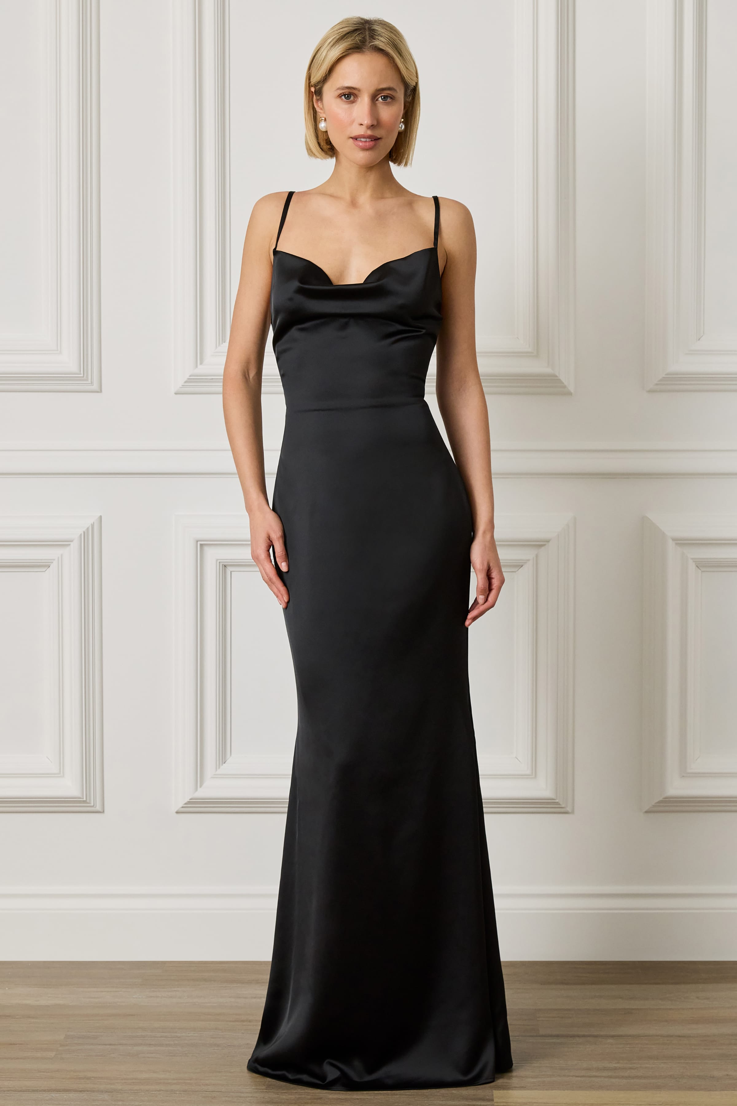 PENNY Satin Cowl Neck Scoop Back Maxi Dress in Black