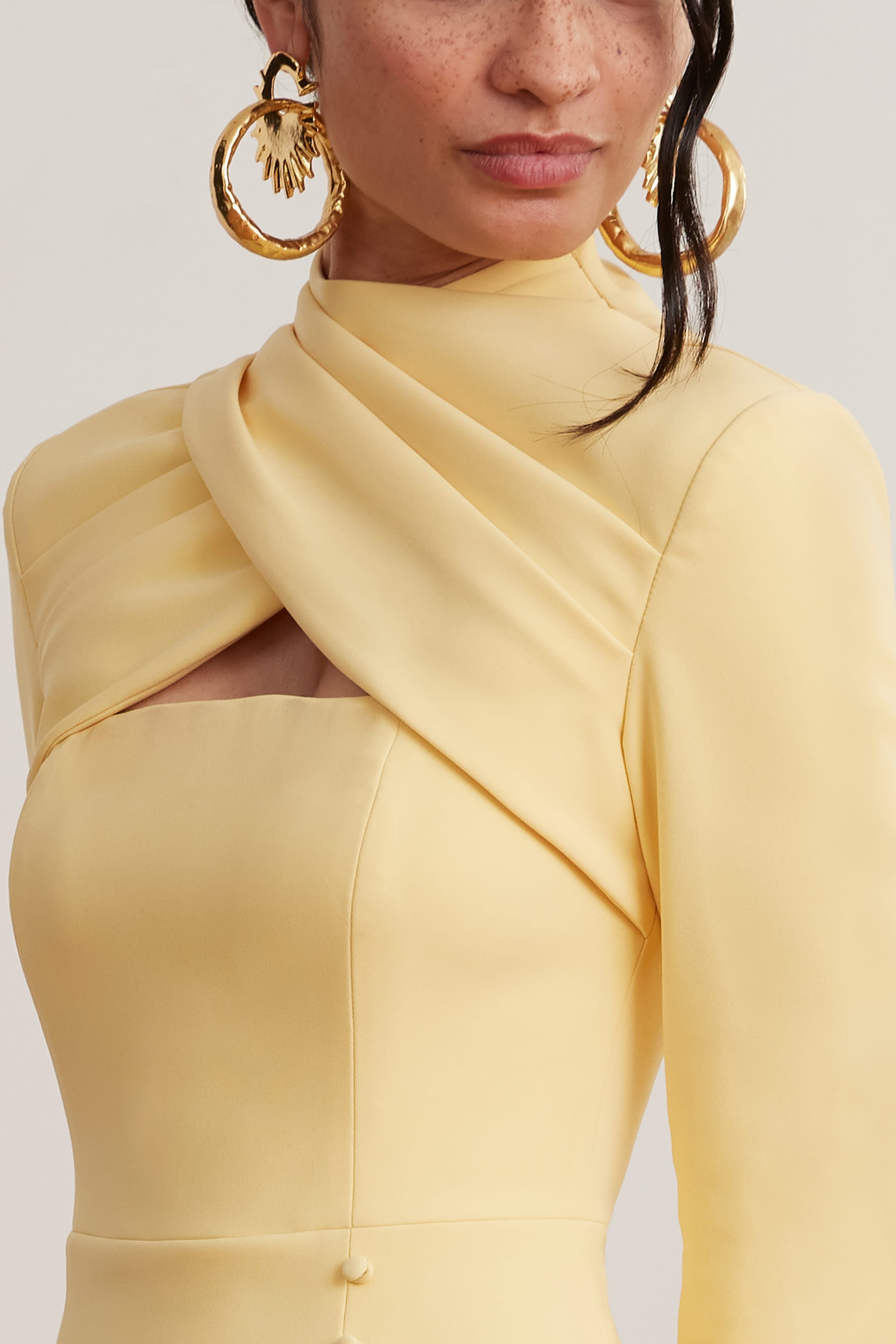 KIMORA Cross Over High Neck Fluted Midi Dress In Yellow