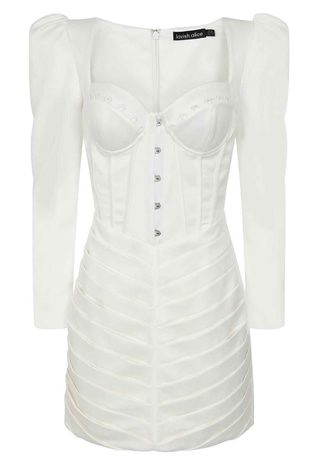 TALIA Corset Pleated Mini Dress In White Satin - Lavish Alice
