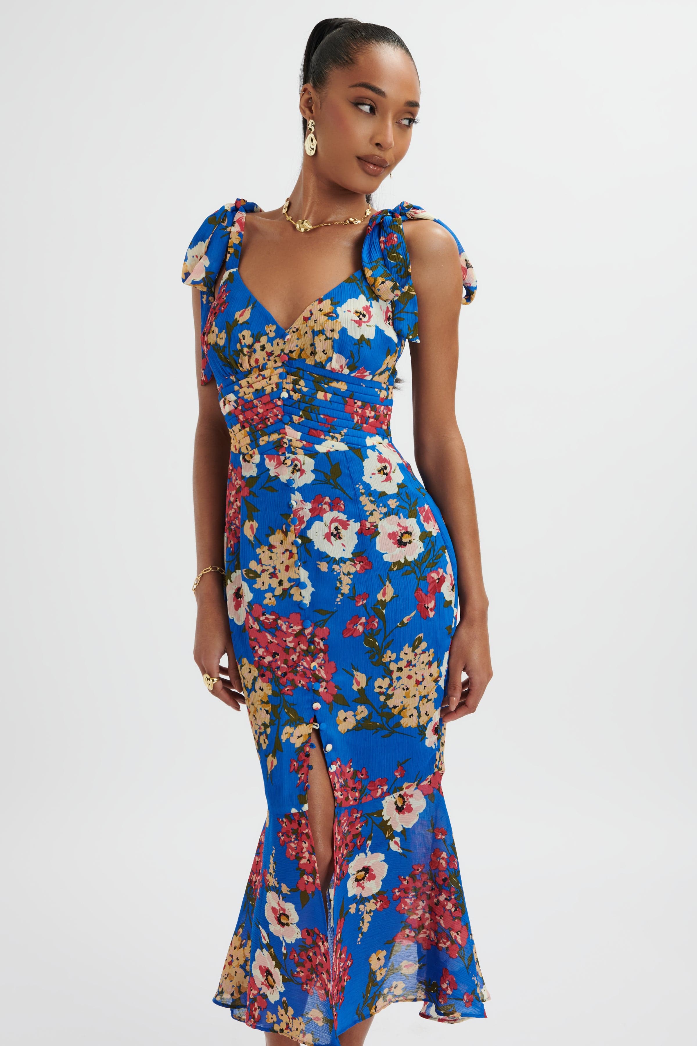 KAMILA Tie Strap Micro Button Longline Midi Dress In Blue Floral Satin