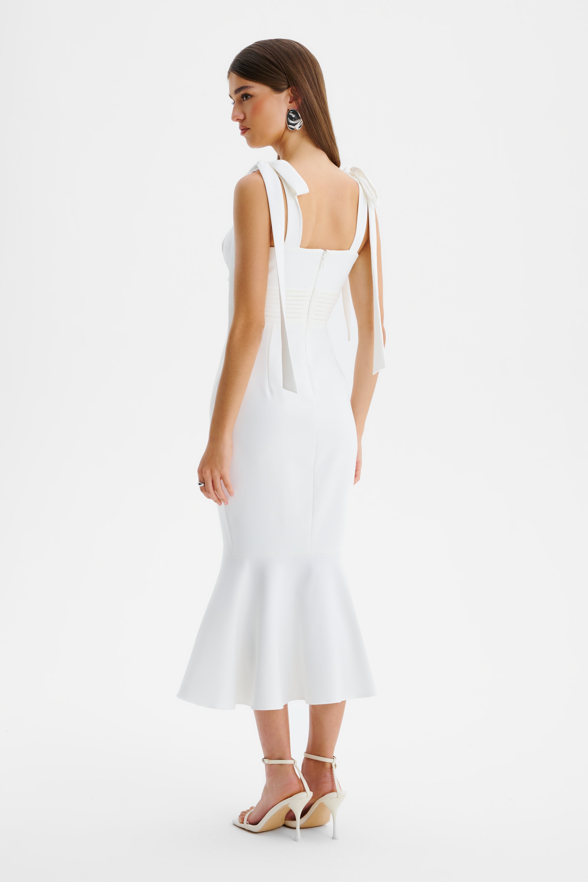 KAMILA Tie Strap Micro Shell Button Midi Dress in White