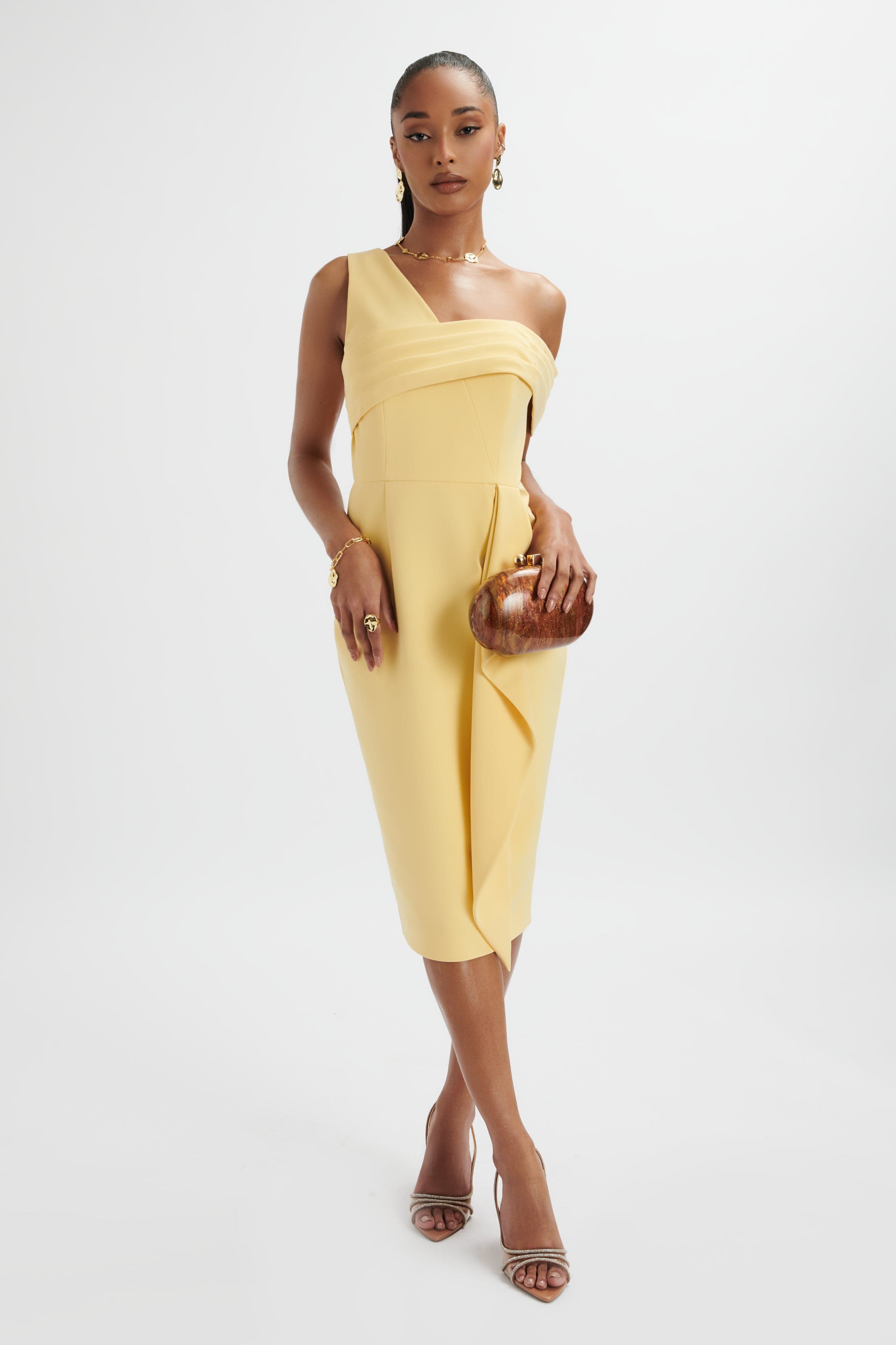 HANNAH Pleated Asymmetric Off Shoulder Midi Dress In Pastel Yellow