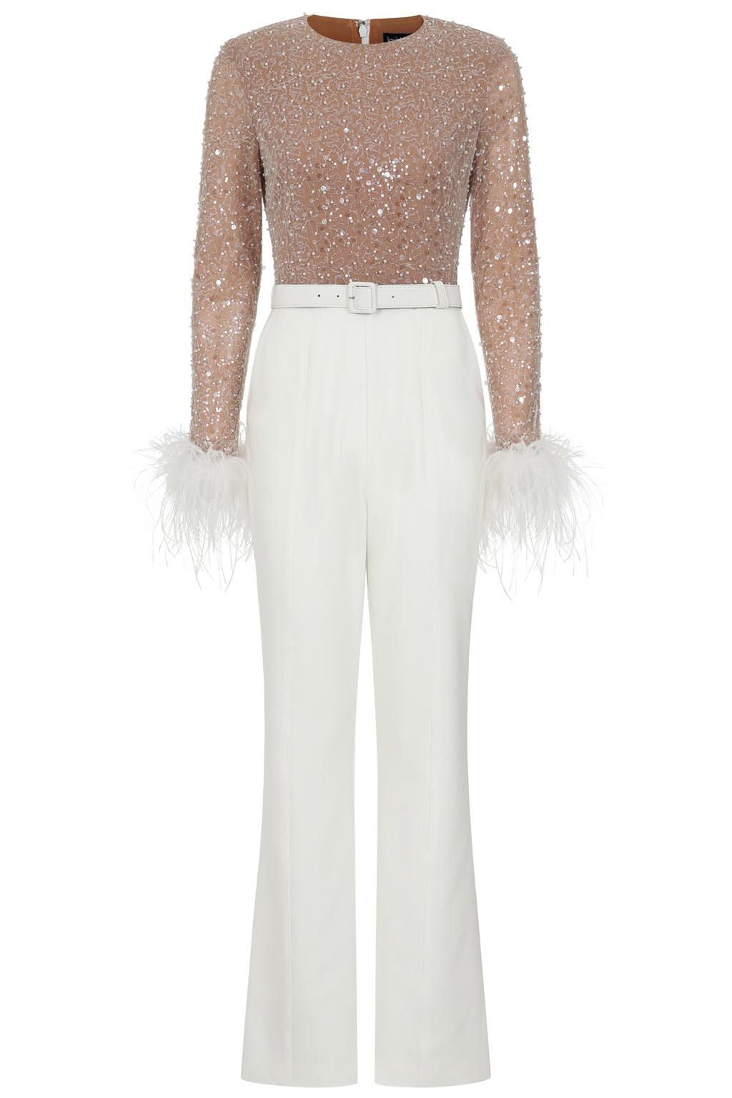 ANA Beaded Sequin Jumpsuit In White - Lavish Alice