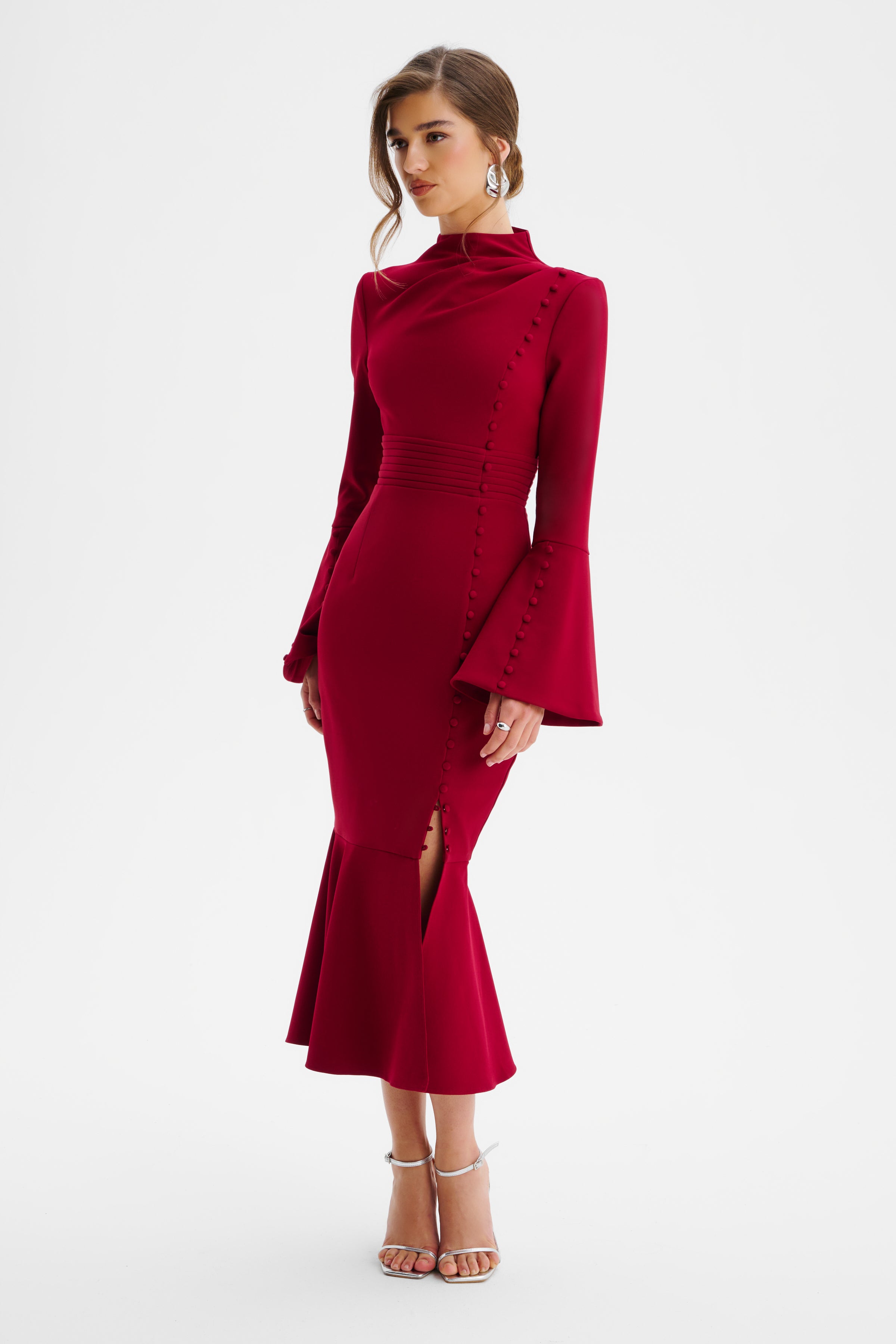 AUBREY High Neck Fluted Sleeve Micro Button Midi Dress in Burgundy