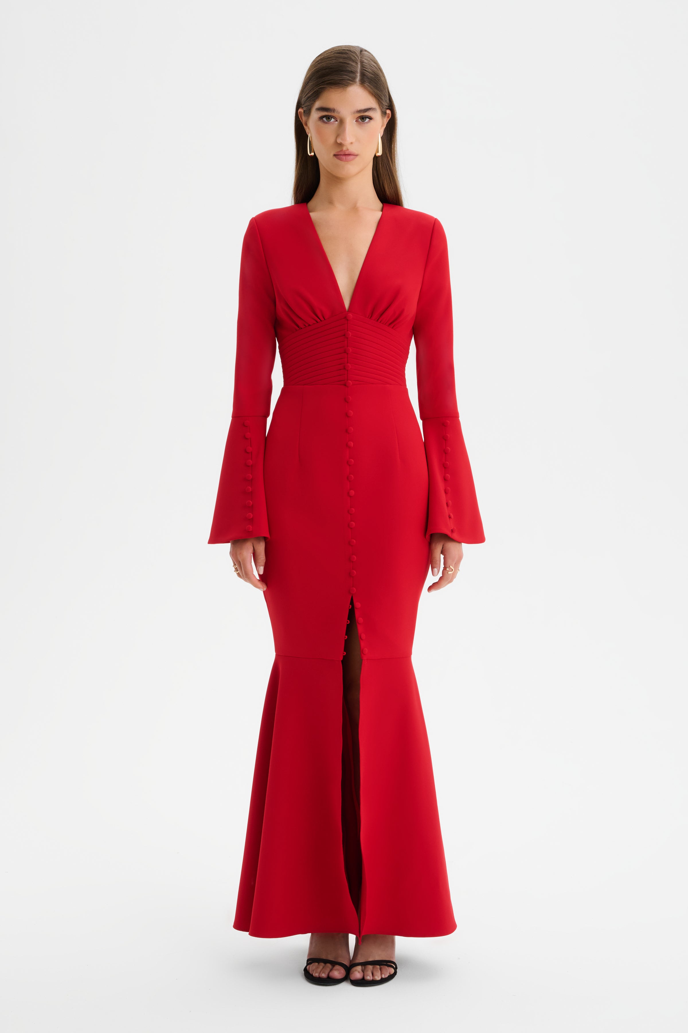 JOSIE Fluted Sleeve Fishtail Maxi Dress in Red