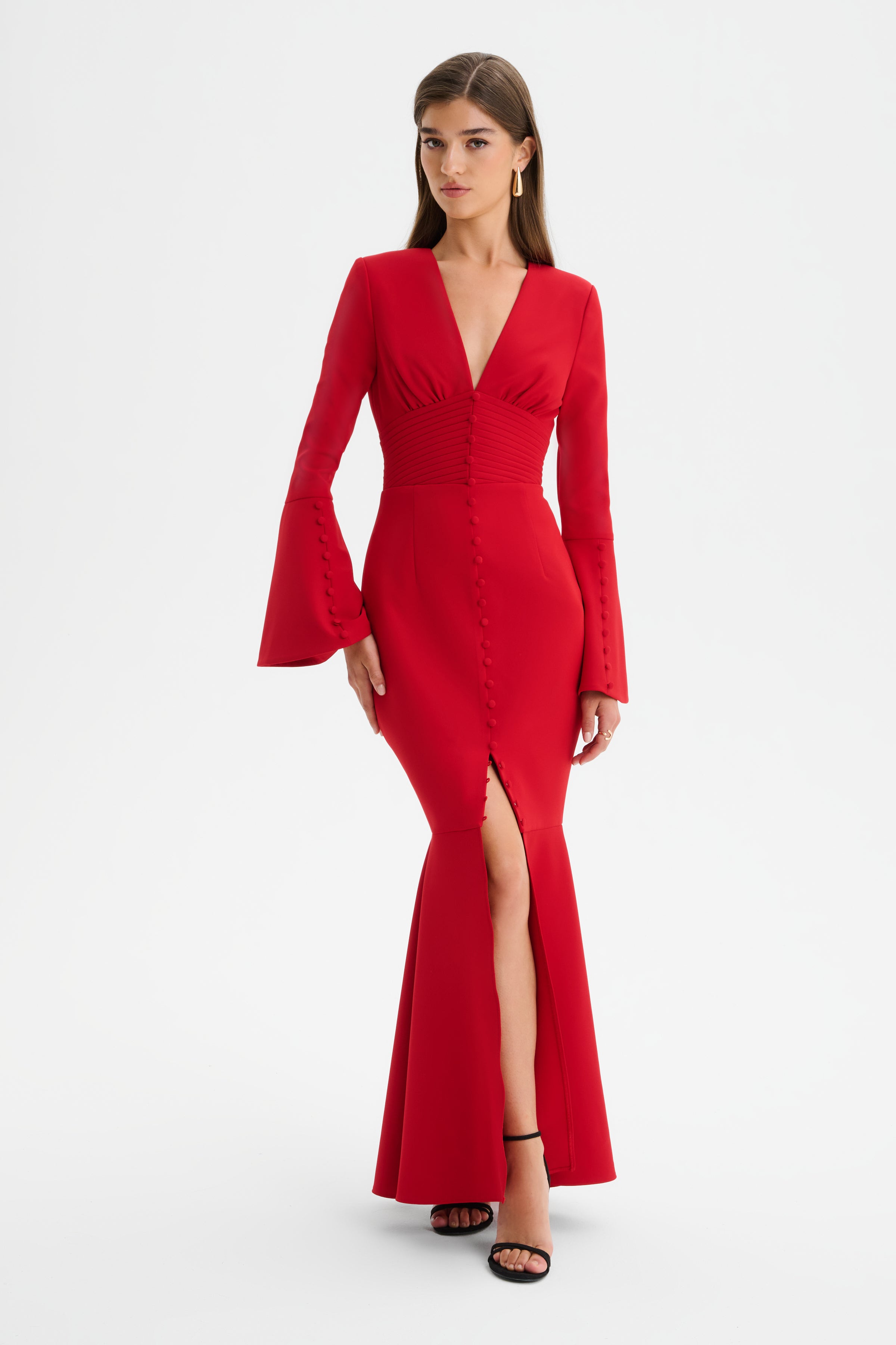 JOSIE Fluted Sleeve Fishtail Maxi Dress in Red