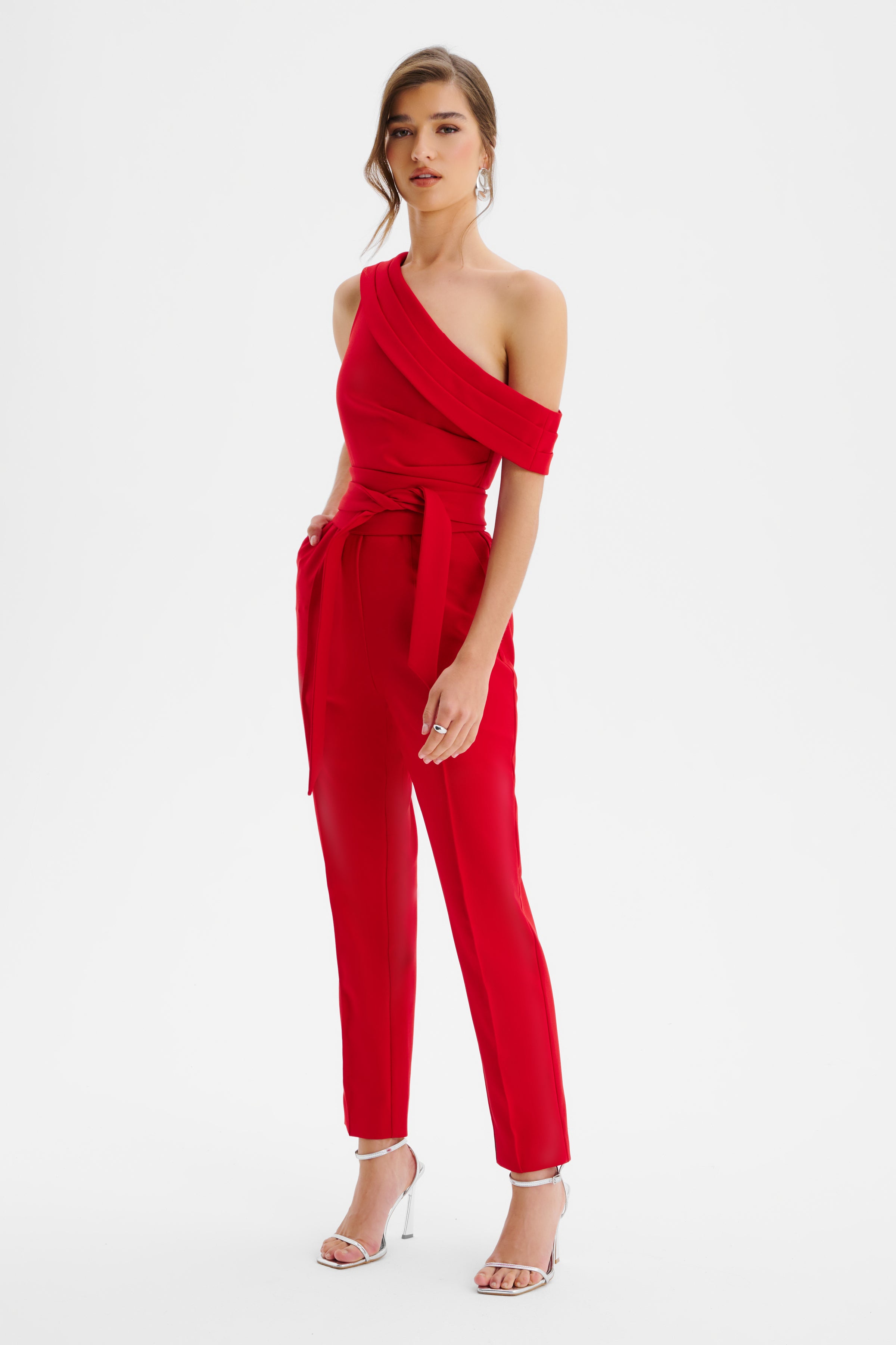 SOFIE Off Shoulder Pleated Obi Belted Jumpsuit in Red