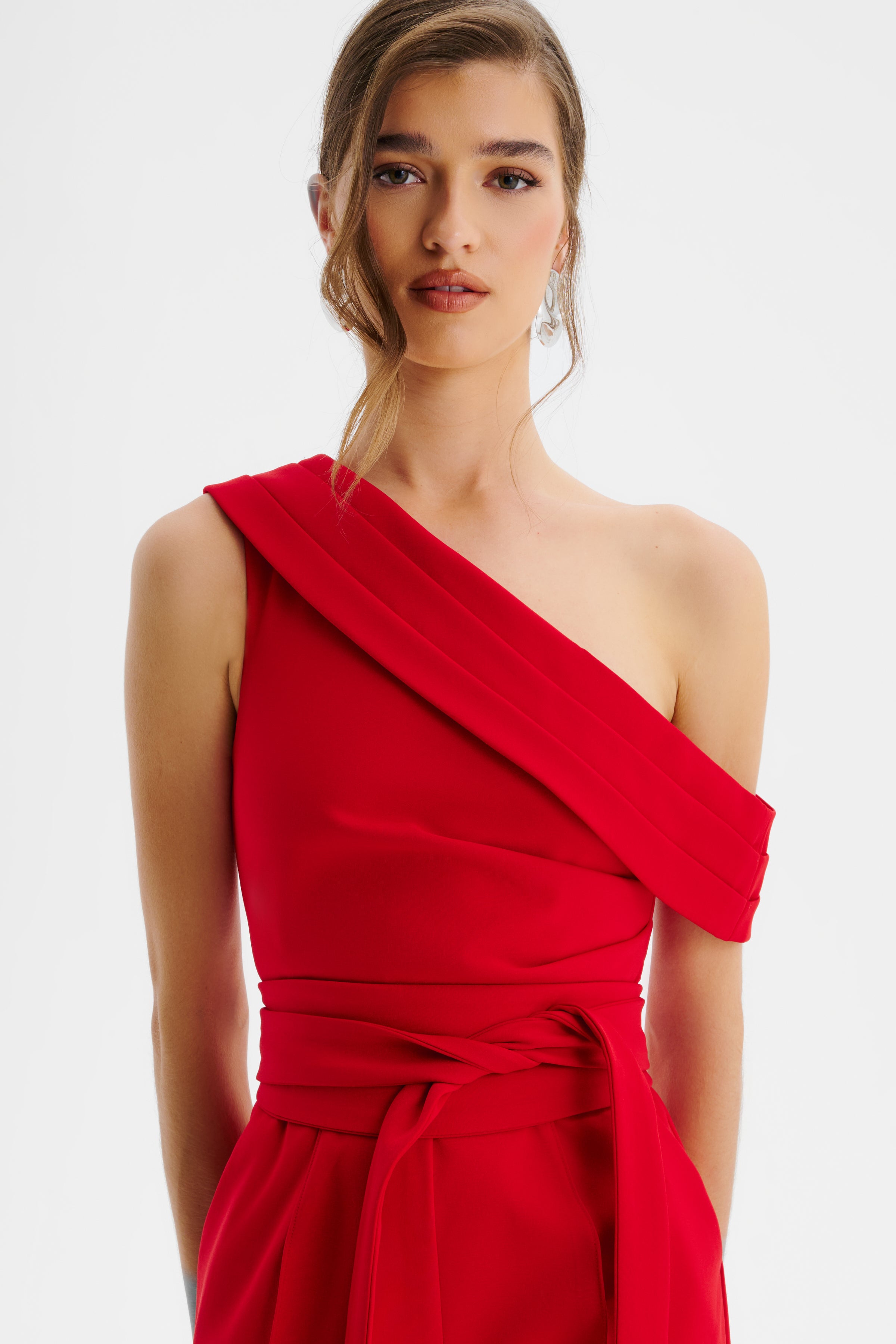SOFIE Off Shoulder Pleated Obi Belted Jumpsuit in Red