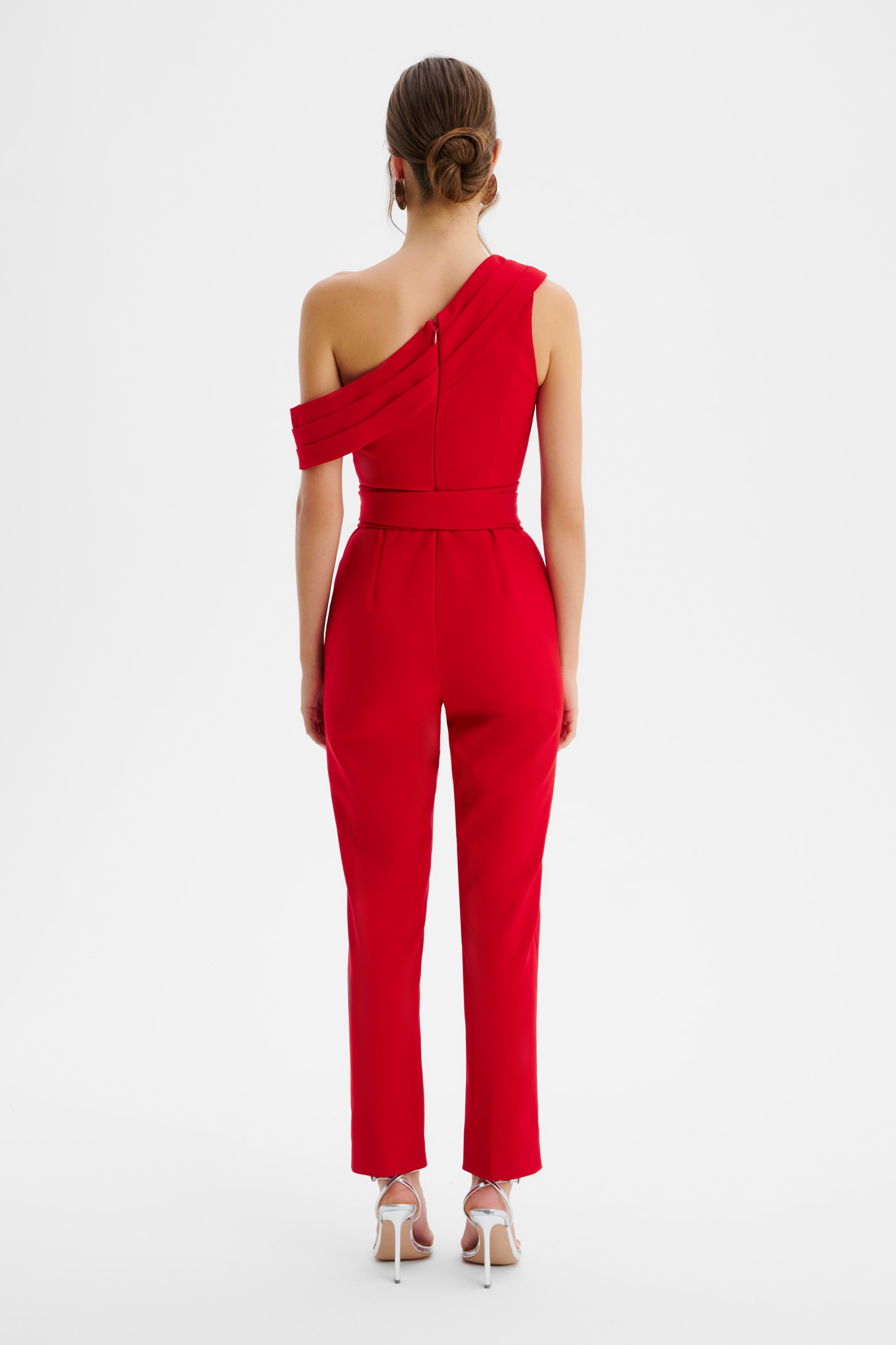 SOFIE Off Shoulder Pleated Obi Belted Jumpsuit in Red