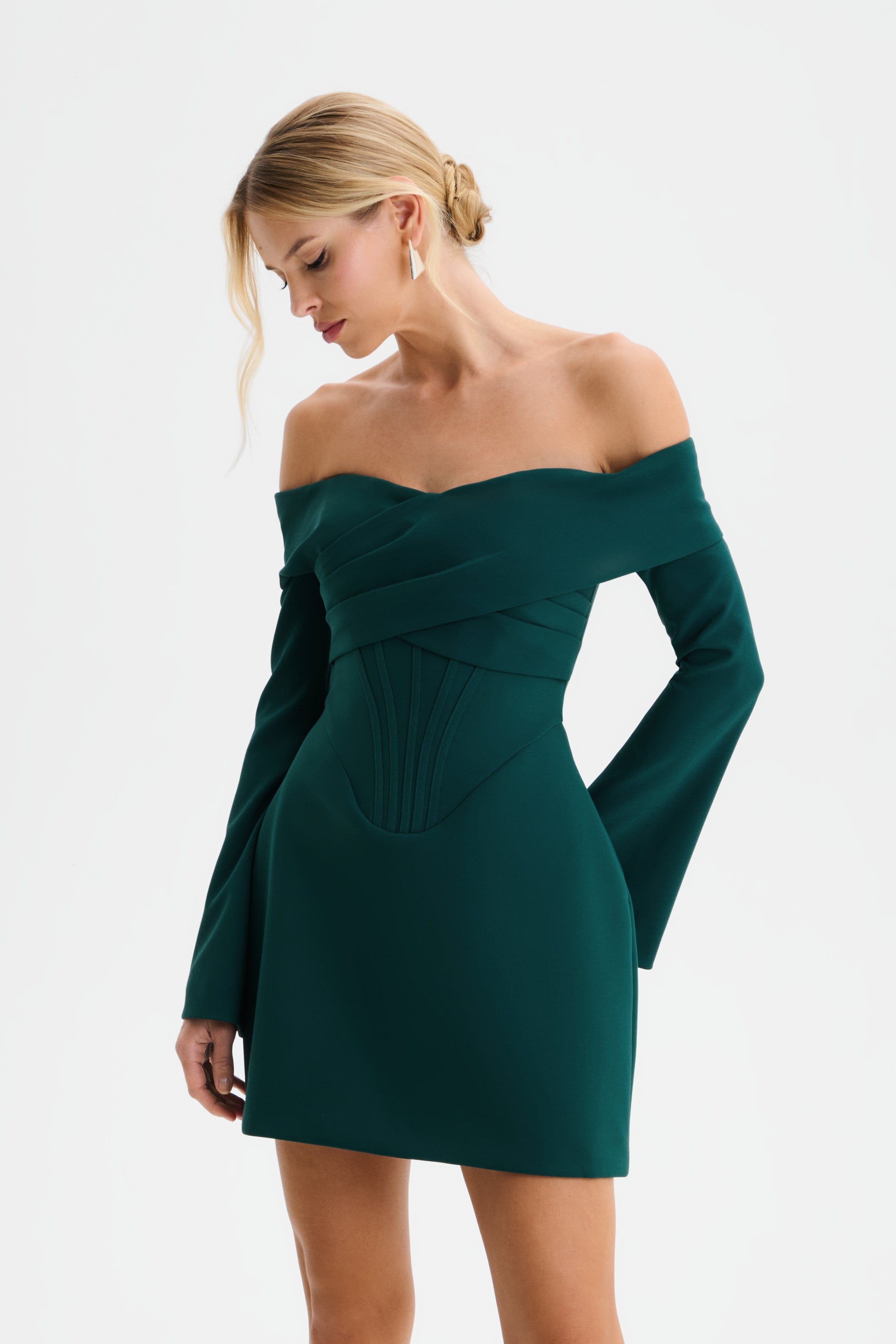BONNIE Off Shoulder Tulip Mini Dress with Corsetry Detail in Emerald Green