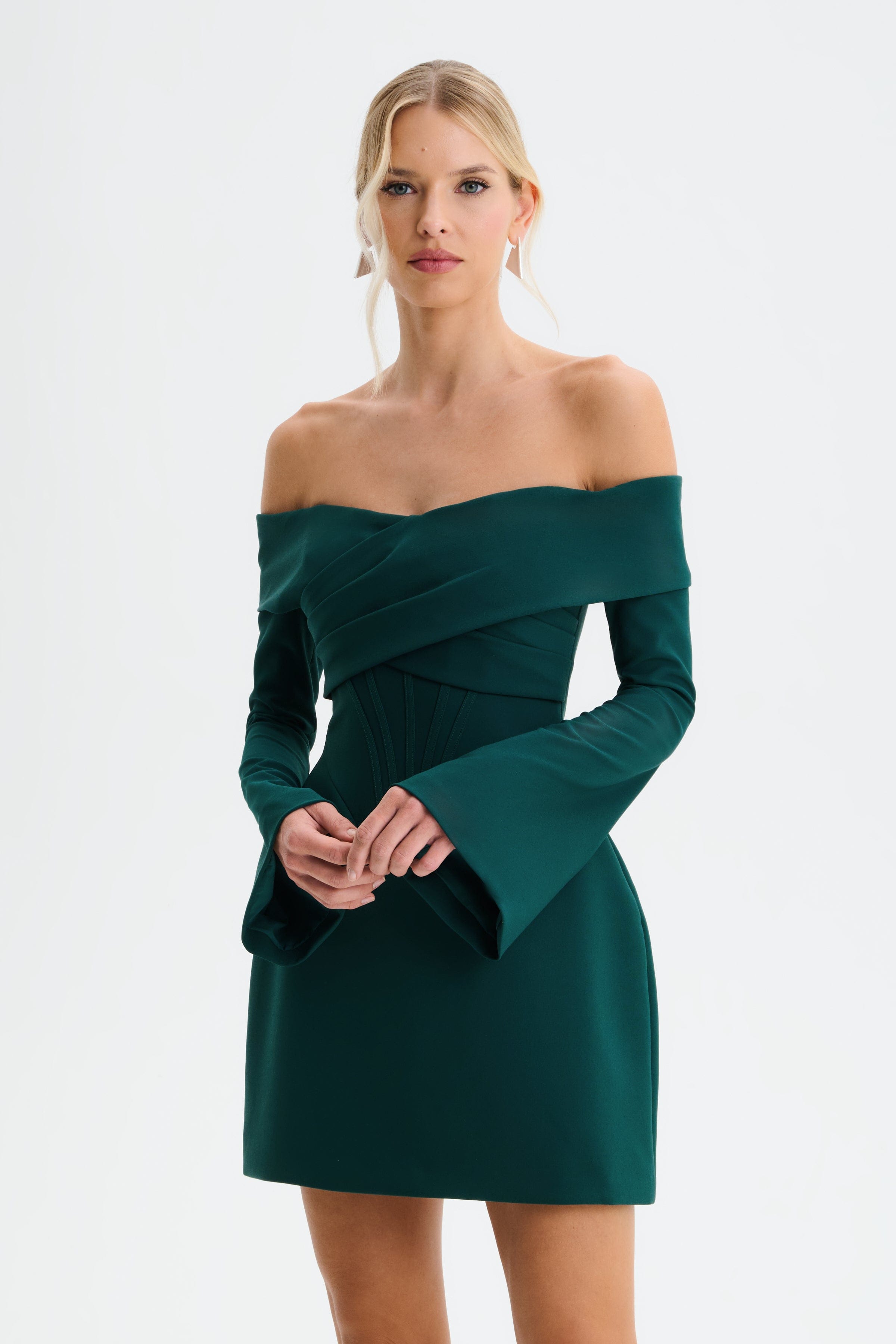 BONNIE Off Shoulder Tulip Mini Dress with Corsetry Detail in Emerald Green