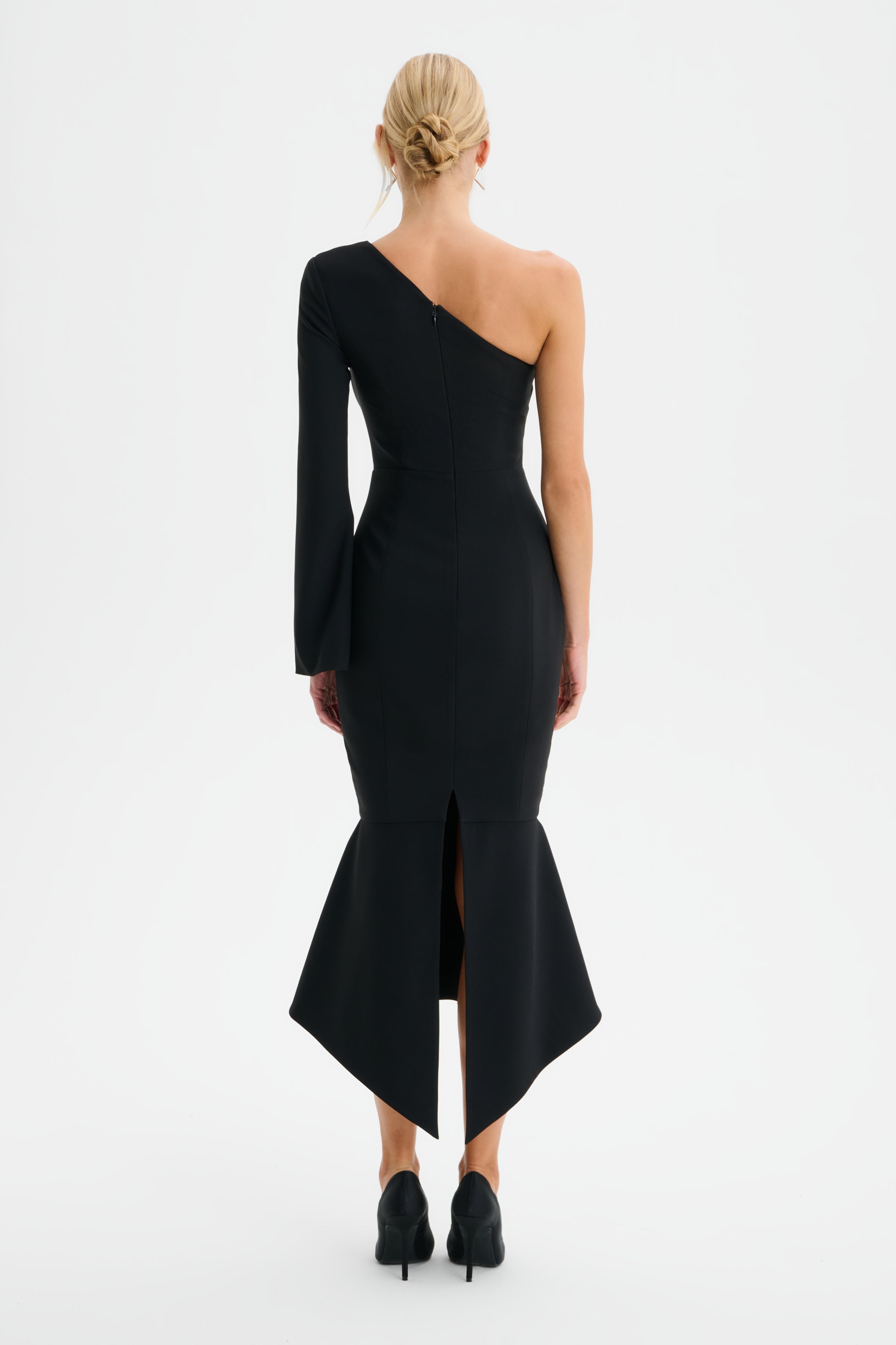 ARIANNA One Shoulder Corset Detail Fishtail Midi Dress in Black