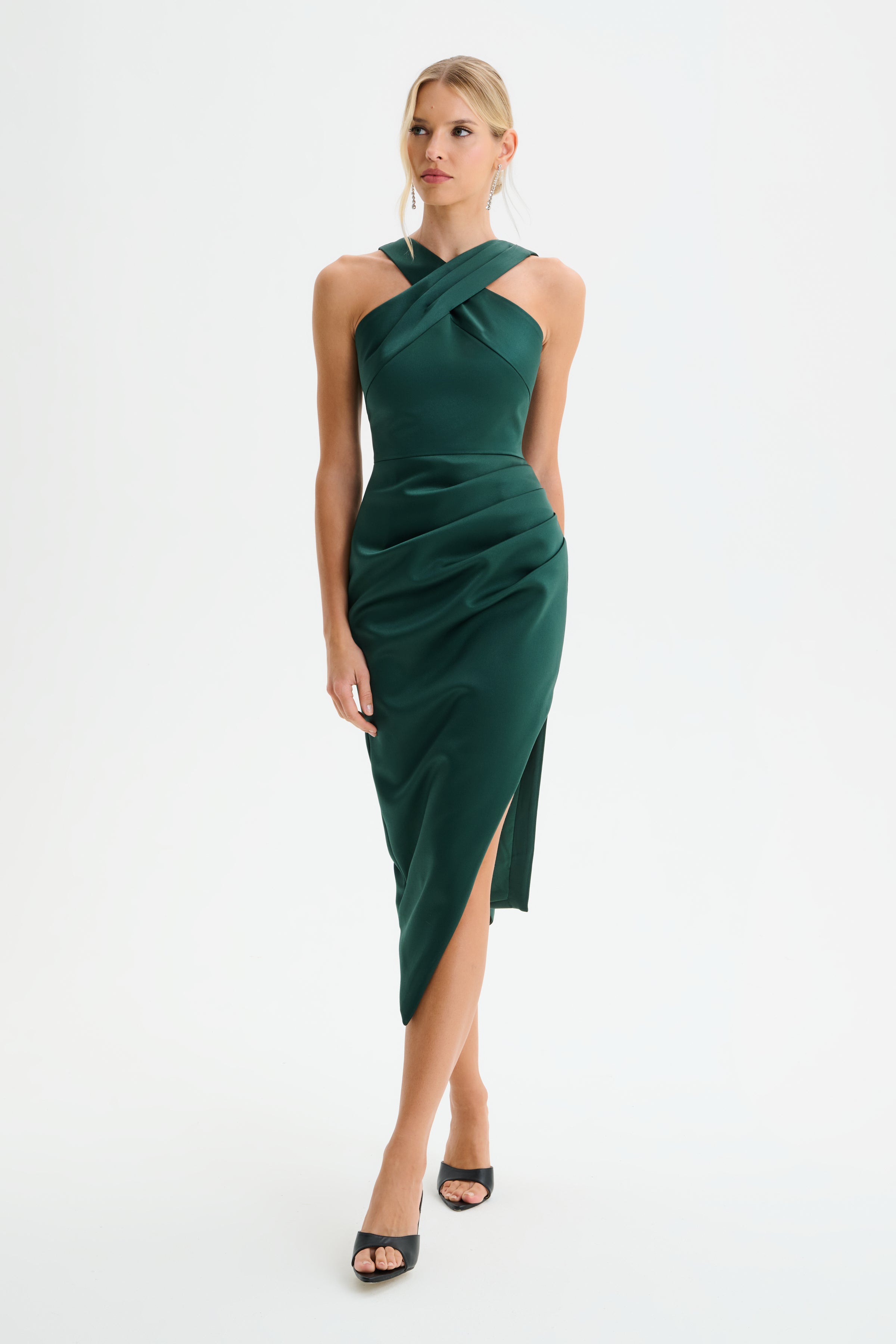 ROSE Cross Neck Bonded Satin Midi Dress with Drape in Emerald Green