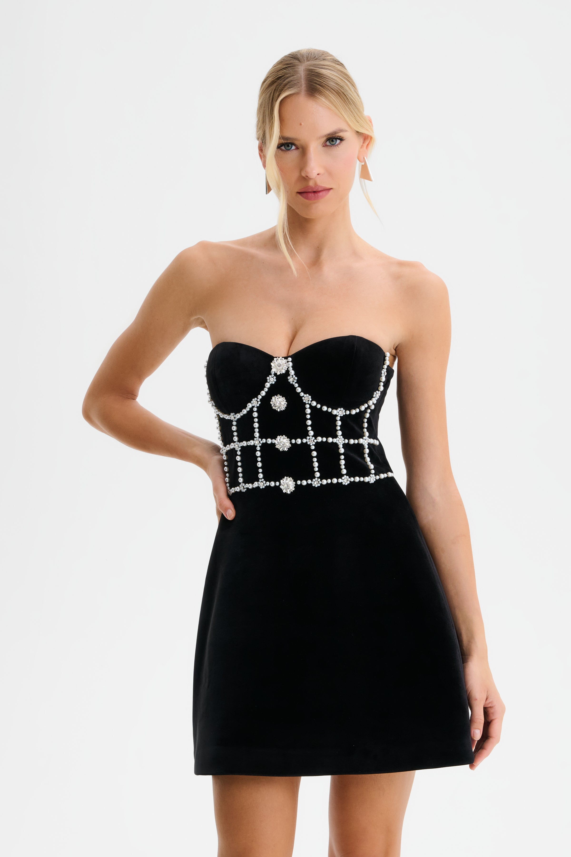 MASIE Pearl Embellished Velvet Tulip Dress in Black