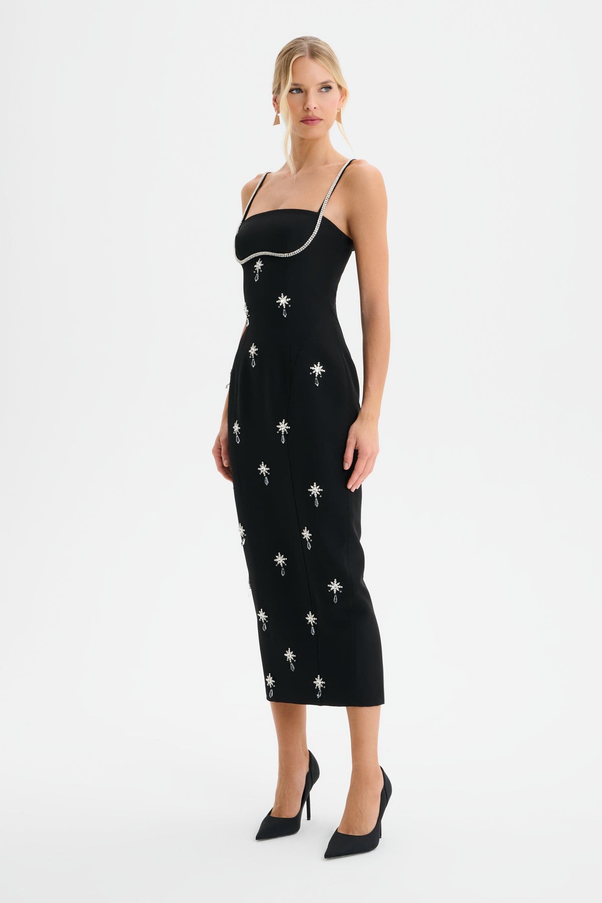 DAISY Embellished Midi Dress in Black