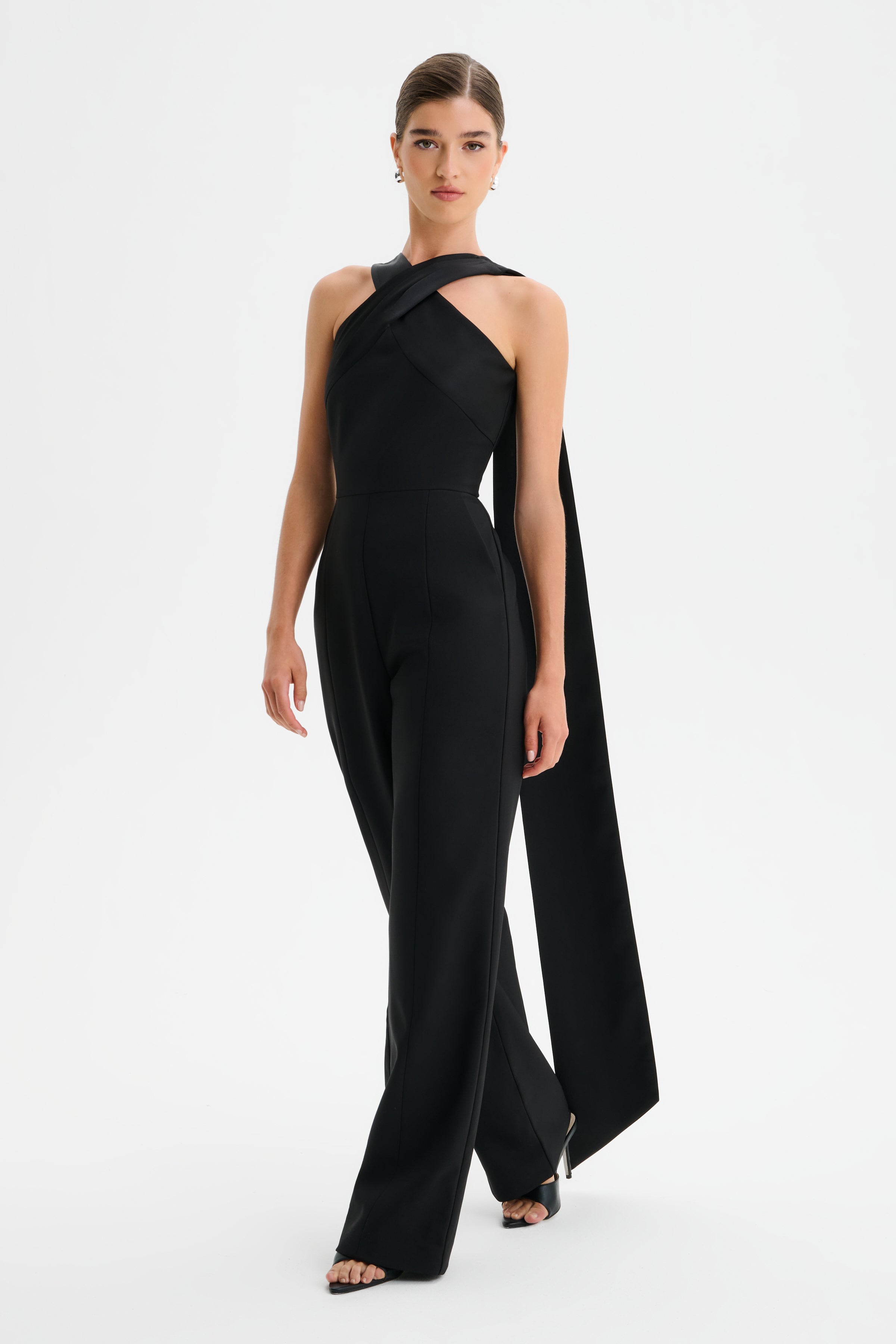 CHANTELLE Cross Neck Straight Leg Jumpsuit with Satin Drape in Black