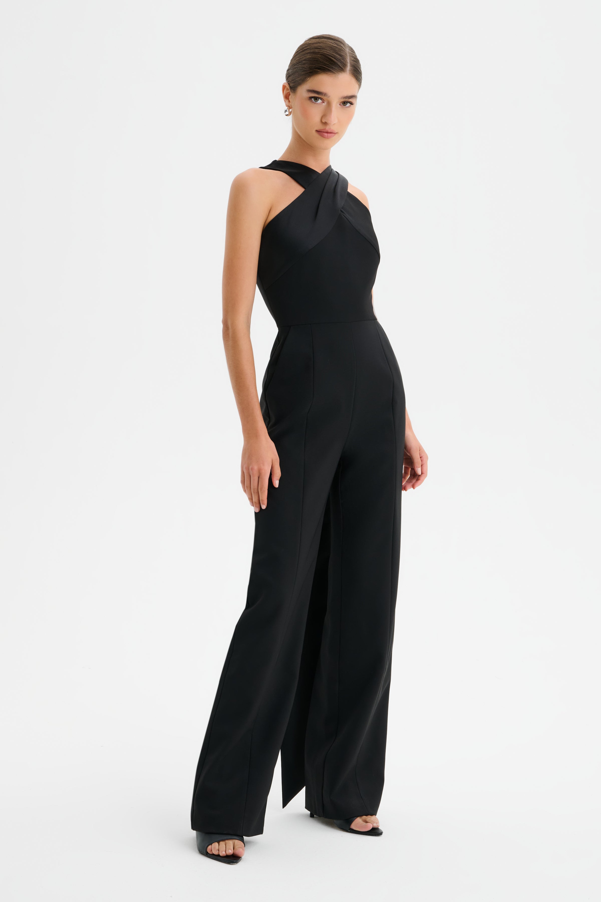 CHANTELLE Cross Neck Straight Leg Jumpsuit with Satin Drape in Black